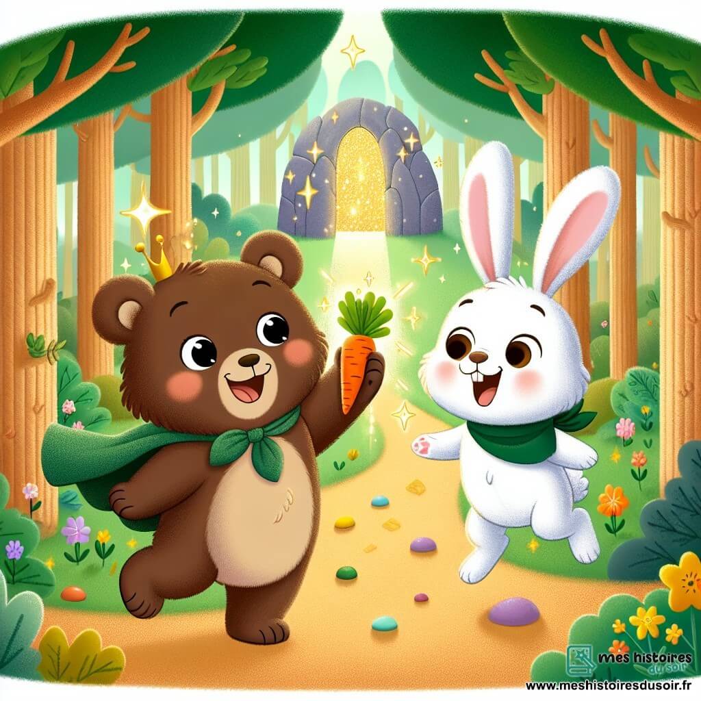 Oscar, un petit ours brun aux yeux pétillants, est debout sur ses pattes arrière, souriant avec enthousiasme, tenant une carotte magique scintillante. À côté de lui, Léo, un lapin blanc aux grandes oreilles, saute de joie, ses yeux brillants de bonheur. La scène se déroule dans une forêt enchantée, entourée de grands arbres et d'un chemin parsemé de fleurs dorées et de cailloux colorés. En arrière-plan, une grotte mystérieuse aux parois scintillantes ajoute une touche de magie. Oscar et Léo célèbrent leur aventure après avoir retrouvé la carotte magique, illustrant l'amitié et l'esprit d'aventure.