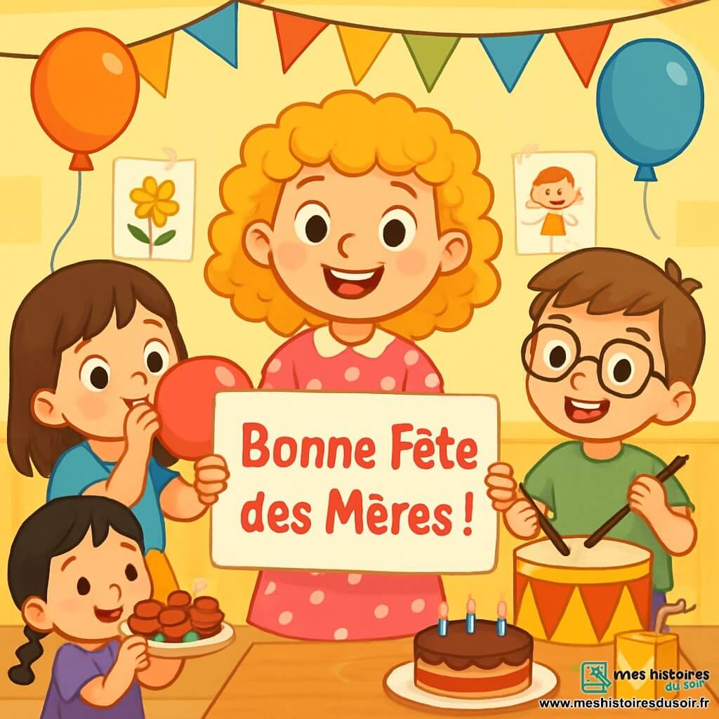 Quatre enfants célèbrent la fête des mères dans une salle de classe décorée. Lili, 8 ans, souriante au centre avec un panneau "Bonne Fête des Mères !", est entourée d'Emma, 7 ans, gonflant un ballon rouge, de Marco, 8 ans, jouant du tambour, et de Sophie, 6 ans, tenant une assiette de gâteaux. L'atmosphère est joyeuse, remplie de rires et d'amour.