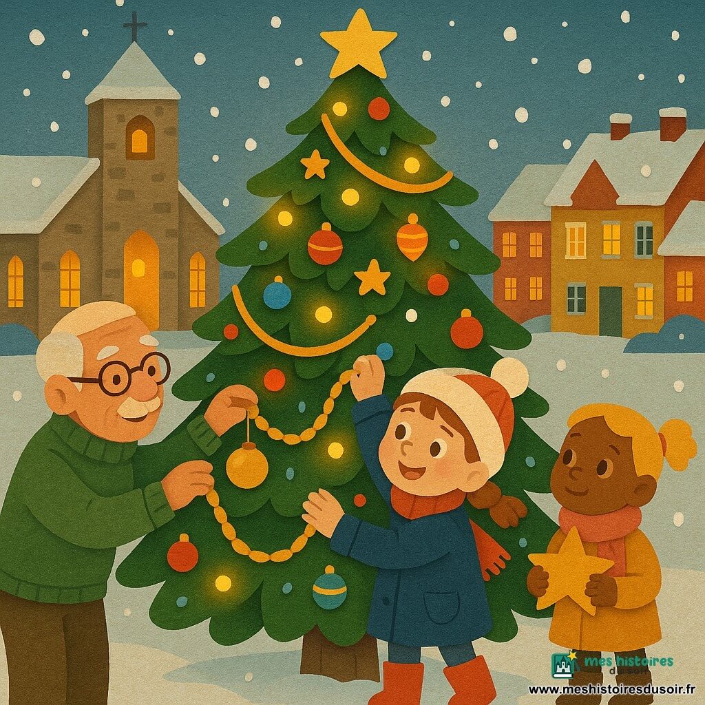 Place enneigée devant une vieille église, un grand sapin de Noël décoré par une fillette de 6 ans aux nattes châtain clair (manteau bleu marine, bottes rouges, bonnet blanc) tendant une guirlande dorée, sa sœur Lucie, 5 ans, blonde en couette et écharpe rose, prête à poser une étoile en carton à sa droite, et Papy Marcel, ~70 ans, moustache blanche et pull vert, accrochantd'une pomme dorée à gauche ; ambiance chaleureuse et coopérative, lumières chaudes, guirlandes scintillantes, palette rouge-or-vert, style papier découpé aux bords nets sur fond hivernal.