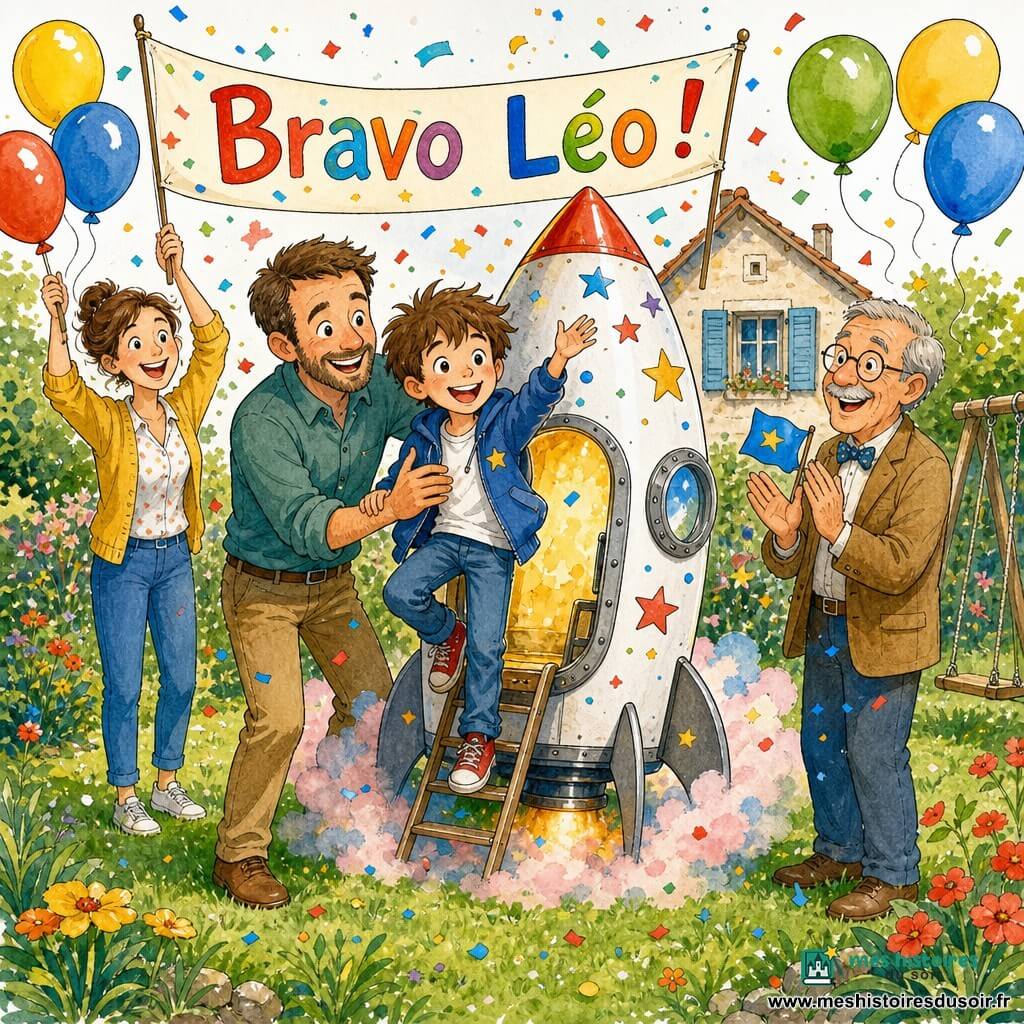 Léo, environ 9 ans, cheveux bruns en bataille et grand sourire, descend joyeusement d’une petite fusée argentée trop grande pour sa combinaison spatiale blanche; à sa droite, Monsieur Dupont, 60 ans, cheveux gris et lunettes rondes, applaudit en tenant un petit drapeau bleu; à gauche, le père, quarantaine, barbe courte, serre Léo dans ses bras, fier; la mère, quarantaine, cheveux attachés, tient une banderole «Bravo Léo !» en souriant; le jardin est un petit carré herbu avec fleurs rouges et jaunes, une balançoire et une maison crème aux volets bleus; la fusée, hublot rond orné d’étoiles, dégage de douces fumées pastel et une lumière dorée au hublot; confettis et ballons flottent, expressions joyeuses, contours à l’encre noire et couleurs en lavis aquarelle.