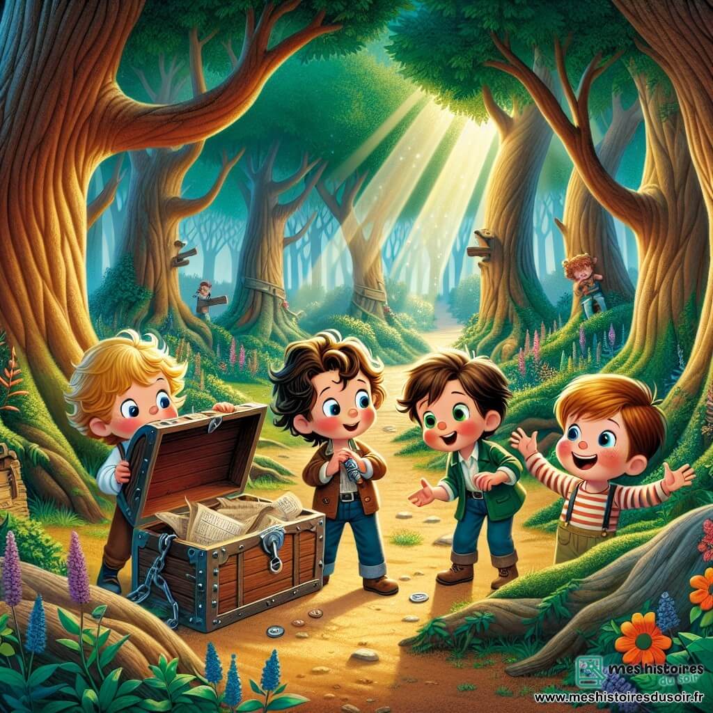 Dans une clairière enchantée, quatre garçons de 5 ans, Léo, Tom, Max et Hugo, se tiennent au centre. Léo, souriant, tient une clé en métal. Tom, aux lunettes rondes, examine une vieille carte. Max, excité, pointe un coffret en bois caché sous des journaux. Hugo, riant, regarde ses amis, les bras croisés. La clairière est entourée d'arbres majestueux et de fleurs sauvages, baignée par un doux rayon de soleil. Ils viennent de découvrir une cabane secrète remplie de vieux livres et d'objets mystérieux, prêts à ouvrir un coffret ancien et vivre une nouvelle aventure.