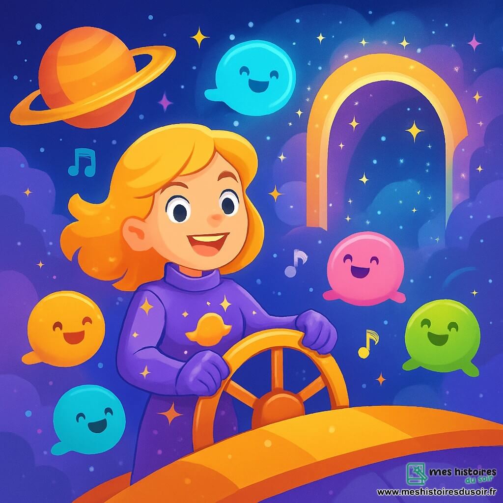 Lila, une jeune femme aux cheveux dorés, se tient fièrement à la barre du Vaisseau Étoile, avec des yeux brillants d'excitation et un sourire éclatant. Elle porte une combinaison spatiale ornée d'étoiles. À ses côtés, un groupe de Lumis, de petites créatures lumineuses, virevolte joyeusement, chantant en chœur. Le décor est un monde enchanteur avec des planètes flottantes et un ciel violet et bleu parsemé de poussière étoilée. Lila et les Lumis découvrent un portail scintillant au milieu de la nébuleuse, prêts à l'explorer ensemble, dans une atmosphère d'aventure et de magie.