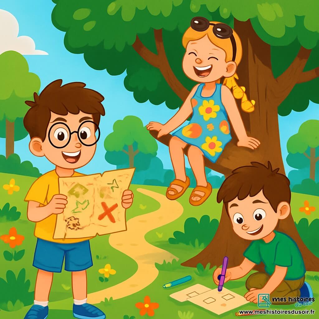 Il y a trois personnages : Léo, un garçon de 8 ans avec des cheveux bruns en bataille et des lunettes rondes, portant un t-shirt jaune avec un dinosaure et un short bleu, debout avec une carte au trésor ; Zoé, une fille de 8 ans avec des cheveux blonds tressés et des lunettes de soleil, en robe à fleurs colorées, assise sur une branche d'arbre en riant ; et Max, un garçon de 8 ans avec des cheveux châtains courts et un sourire malicieux, en t-shirt vert et pantalon cargo, accroupi en train de bricoler des indices. L'action se déroule dans un parc ensoleillé avec de grands arbres, des fleurs colorées et un ciel bleu. Les trois amis préparent leur chasse au trésor, entourés de rires et d'excitation.