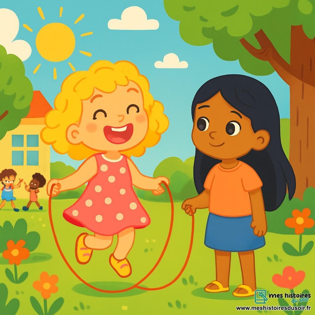 Une petite fille de 6 ans, Camille, avec des cheveux blonds bouclés et des yeux pétillants, sourit en sautant à la corde. Elle porte une robe rose à pois blancs et des sandales jaunes. À côté d'elle, Sofia, également âgée de 6 ans, aux longs cheveux noirs et à la peau olive, la regarde avec un sourire timide tout en tenant une corde à sauter. Le décor est un jardin d'école ensoleillé, rempli de fleurs colorées et d'arbres verdoyants, avec des enfants jouant en arrière-plan. Camille encourage Sofia à jouer avec elle, illustrant leur amitié naissante.