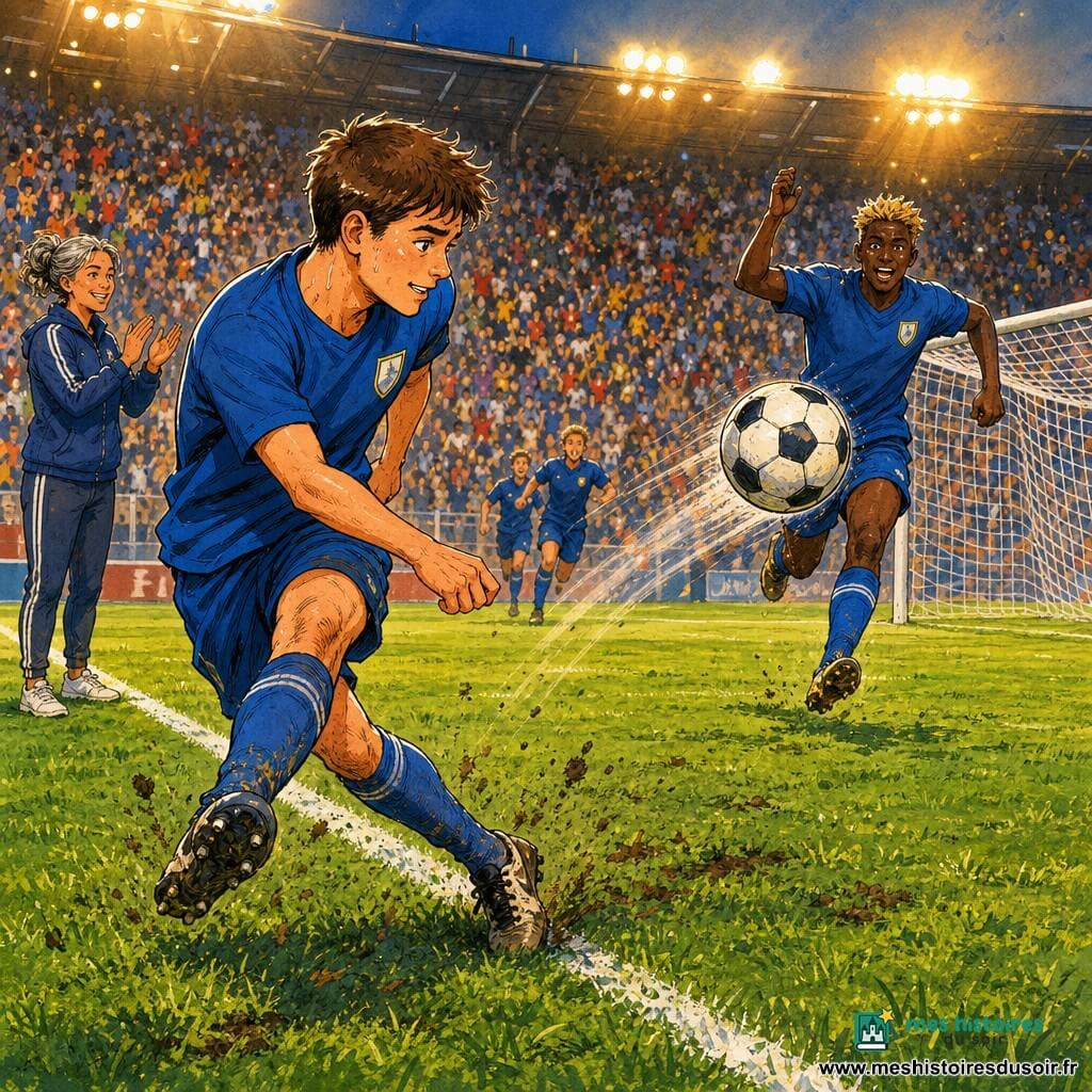 Tom, 19 ans, cheveux bruns courts, front perlé de sueur, visage souriant et concentré, en maillot bleu avec écusson au-dessus du cœur, pousse le ballon du pied droit en passe précise, posture penchée, crampons dans l'herbe; un coéquipier d'environ 20 ans, ailier aux cheveux blonds en bataille, file sur la droite, bras levés, reçoit la passe en pleine course et tire vers le but, expression d'effort et d'espoir; la coach Marta, ~40 ans, cheveux gris attachés en veste d'entraînement, applaudit sur la ligne de touche; le stade est un grand terrain vert marqué de traces de crampons et de boue, lignes blanches nettes, filets qui tremblent, gradins flous de silhouettes colorées et projecteurs chauds; instant de jeu où Tom choisit la passe collective plutôt que le tir individuel, ballon en mouvement, gestes d'équipe, atmosphère de solidarité et d'effort partagé.