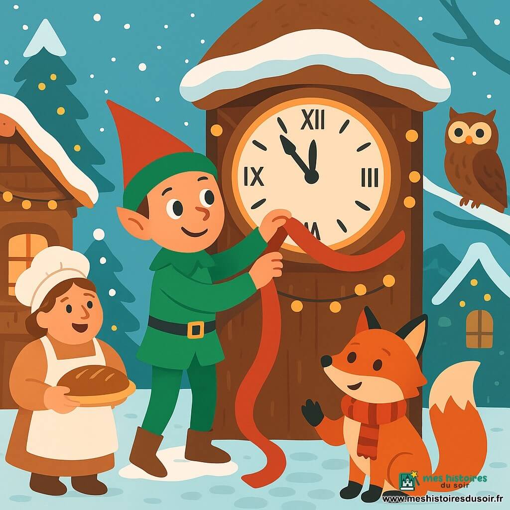 Le Lutin Farceur, petit être en costume vert et chapeau rouge, ajuste un long ruban rouge sur le toit de la grande horloge au centre de la place enneigée de Flocon‑Bois; Pompon, le renard roux à l’écharpe rayée, applaudit joyeusement, Madame Loutre la boulangère, ronde et farineuse, tient du pain près de sa porte, et Nomade la chouette, perchée sur un saule, observe d’un air sage; maisons en bois décorées, sapins givrés et lumières chaudes créent une ambiance de Noël tendre et festive.