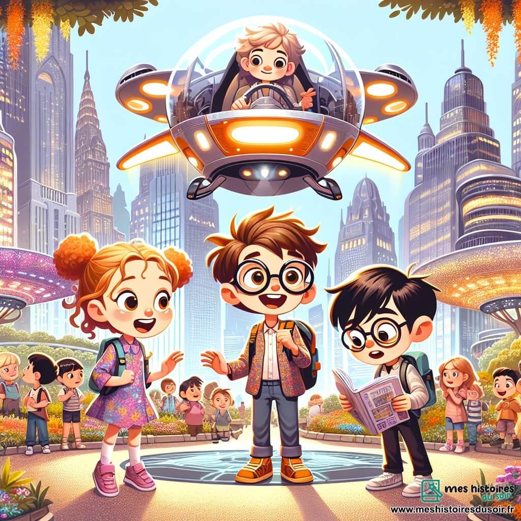 Dans un grand parc central de Luminopolis, trois enfants se préparent à tester un véhicule volant. Milo, 10 ans, avec des lunettes rondes et des cheveux châtains en bataille, sourit d'excitation. À sa droite, Zoé, 9 ans, aux cheveux bouclés et blonds, saute d'impatience dans une combinaison colorée. À gauche, Sam, 11 ans, avec des cheveux noirs et des lunettes carrées, consulte un manuel, concentré sur le Hover-Glide brillant. Le parc est décoré de jardins suspendus et de bâtiments futuristes scintillants. Les enfants sont entourés de curieux admirant l'engin. Ils sont prêts à décoller dans le Hover-Glide, entourés d'une atmosphère d'excitation et d'aventure.