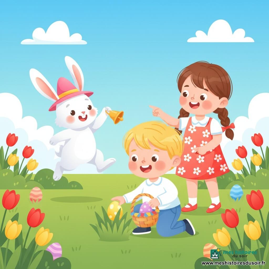 Un garçon de 2 ans aux cheveux blonds courts, joues rondes et grand sourire, accroupi avec un petit panier en osier, ramasse un œuf jaune brillant; sa sœur d'environ 6 ans, cheveux bruns en tresses et robe à fleurs, lui indique un œuf bleu en se tenant légèrement en retrait; un lapin blanc anthropomorphe portant un chapeau de Pâques rose agite une cloche dorée à gauche; jardin lumineux avec pelouse verte, tulipes rouges et jaunes, petits buissons et œufs cachés, ambiance ludique, couleurs vives et textures douces.
