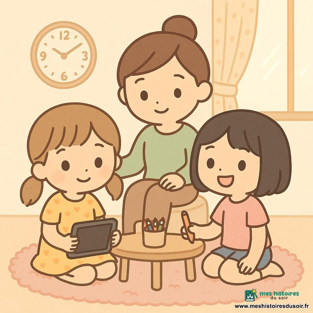 Trois personnages : Lou, 7 ans, cheveux châtain clair en deux couettes, robe jaune à petits cœurs, assise à gauche sur un tapis rose, tenant une tablette éteinte; Jade, 7 ans, cheveux noirs en carré, t-shirt rose et short en jean, assise à droite, tient un crayon et sourit à Lou; Maman, ~35 ans, cheveux bruns en chignon, pull vert clair, assise derrière sur un pouf, main sur l’épaule de Lou. Lieu : salon clair et chaleureux avec tapis rose pelucheux, petite table en bois clair, boîte de crayons et fenêtre laissant entrer une lumière dorée. Situation : les filles ont posé la tablette et dessinent ensemble sur le tapis, atmosphère calme et rassurante, gestes d’entraide et proximité familiale, palette pastel, contours ronds et expressions douces style kawaii.