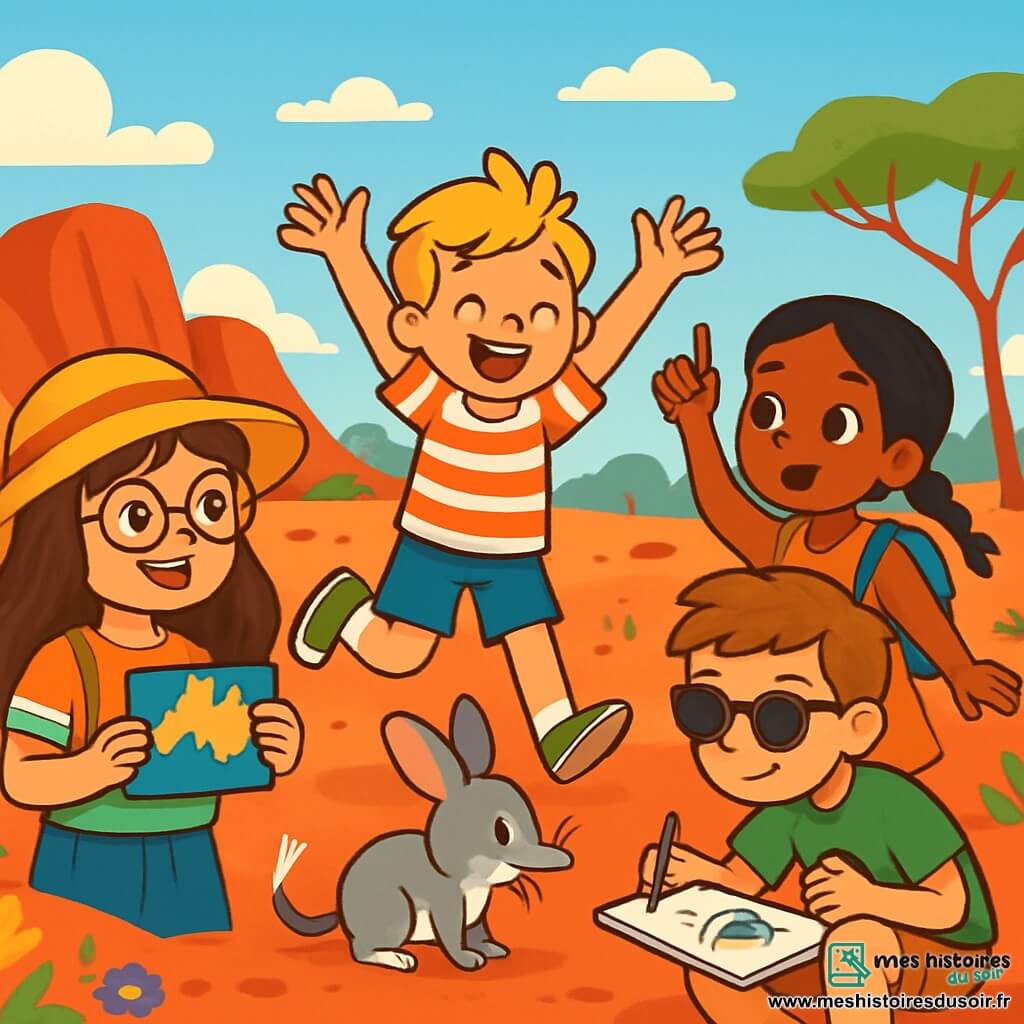 Quatre enfants explorent l'Outback australien. Émilie, 10 ans, avec de longs cheveux bruns et des lunettes rondes, porte un chapeau et un t-shirt coloré, tenant une carte de l’Australie. Tom, 10 ans, aux cheveux blonds en bataille et souriant, saute de joie en short et t-shirt rayé. Nour, 9 ans, avec des cheveux noirs tressés, pose une question en robe légère et petit sac à dos. Lucas, 10 ans, cheveux châtains, dessine un oiseau sur son carnet tout en portant un t-shirt vert et des lunettes de soleil. Le paysage est désertique, avec des rochers étranges et des fleurs colorées, sous un ciel bleu. Les enfants sont émerveillés par un bilby qui les guide, partageant rires et découvertes.
