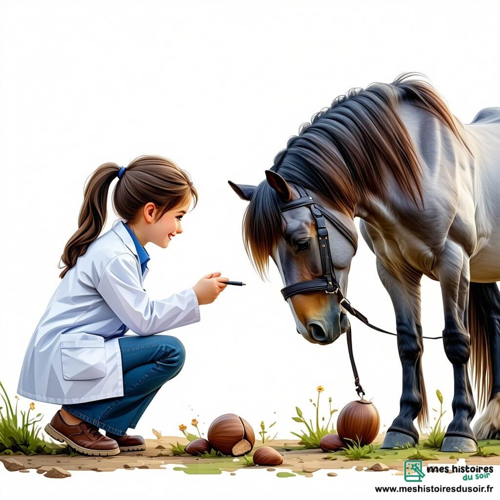 Une vétérinaire d'une trentaine d'années, avec de longs cheveux bruns en queue de cheval, porte une blouse blanche et sourit chaleureusement. Elle est accroupie près d'un vieux cheval gris nommé Héraklès, lui murmurant des mots apaisants tout en examinant son ventre. À côté, Tom, un garçon de dix ans aux cheveux châtains et aux yeux pétillants, observe avec curiosité, tenant un seau d'eau pour le cheval. La scène se déroule dans un enclos verdoyant de la ferme des trois Chênes, entouré de champs fleuris et d'arbres majestueux, sous un ciel bleu. La vétérinaire soigne Héraklès, qui semble triste, tandis que Tom apprend à prendre soin des animaux.