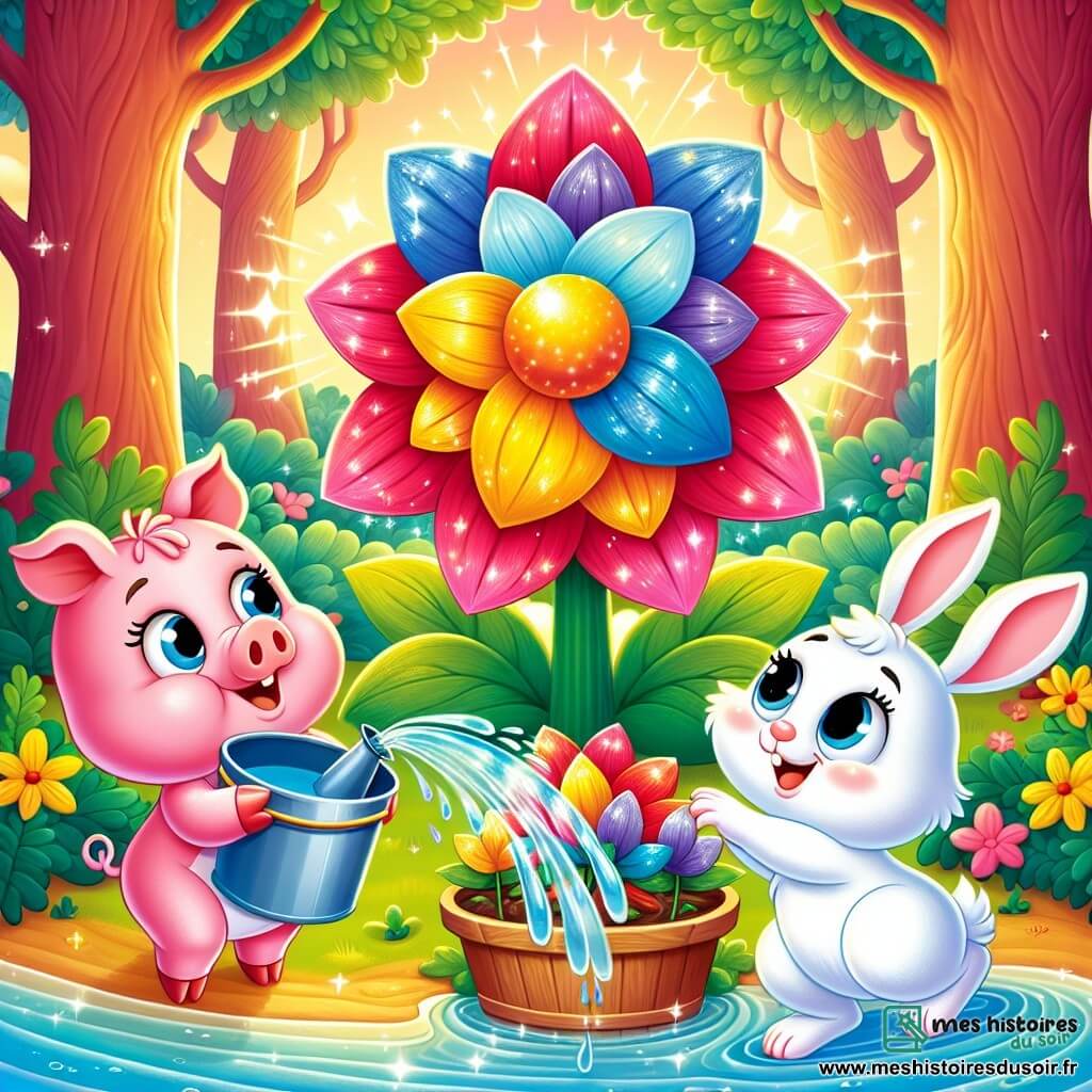 Coco, un petit cochon rose aux grands yeux et sourire joyeux, verse de l'eau d'un seau sur une grande fleur colorée aux pétales brillants. À ses côtés, Pipo, un lapin blanc aux grandes oreilles, saute de joie en admirant la fleur. Ils sont dans une forêt enchantée, entourés d'arbres aux feuilles scintillantes sous le soleil. Coco et Pipo aident la fleur magique à s'épanouir, remplis de bonheur et d'amitié.