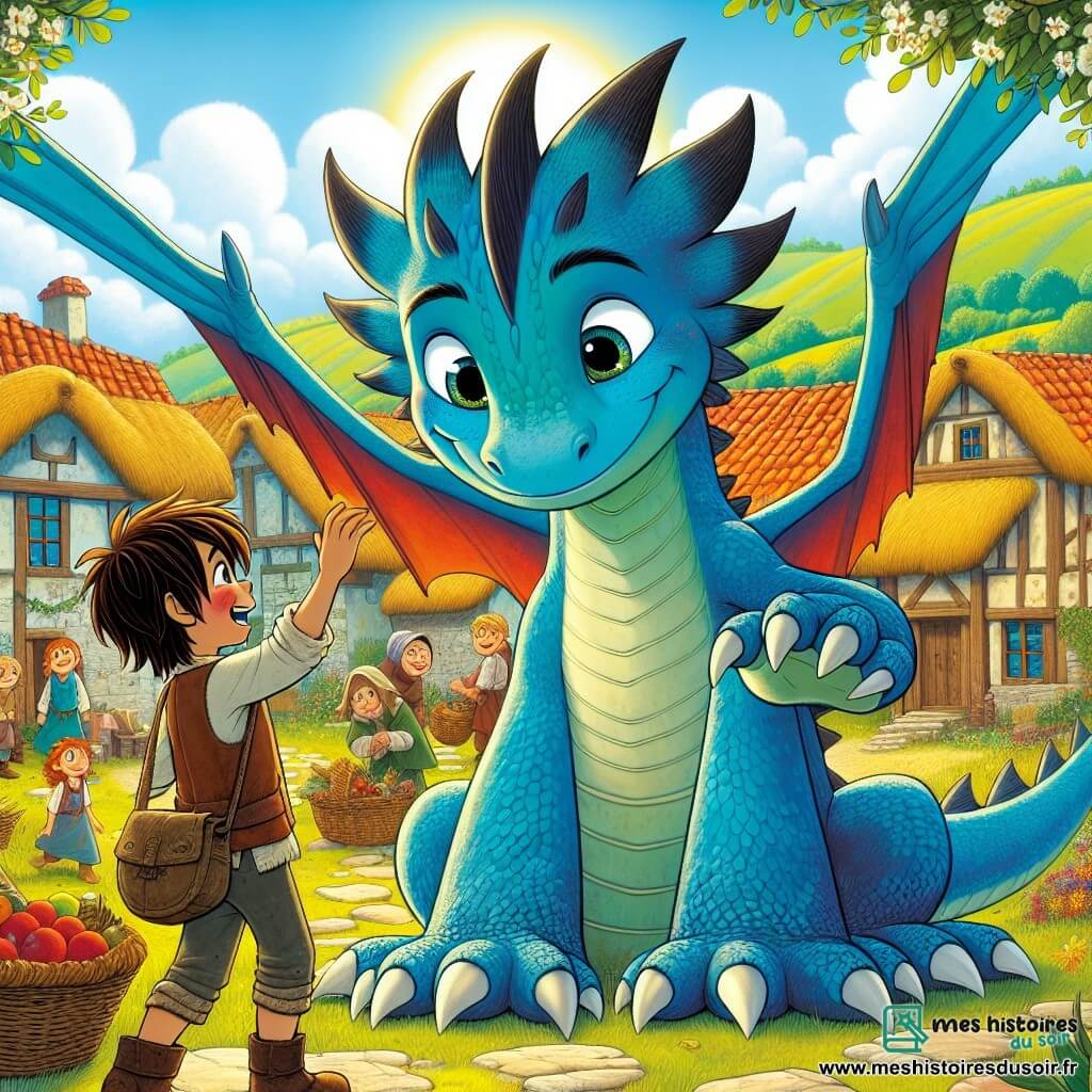 Au centre de l'image, Léo, un jeune dragon aux écailles bleues, se tient joyeusement, ses ailes repliées. Il a des yeux curieux et un sourire chaleureux, tendant une patte vers Marc, un garçon en vêtements usés, aux cheveux bruns en désordre et au regard émerveillé. Marc, à côté de Léo, sourit timidement, ses yeux brillants de gratitude. En arrière-plan, un village pittoresque avec des maisons colorées est entouré de champs verdoyants et d'arbres fleuris. Des enfants jouent dans la cour de l'école, tandis que des parents discutent. La scène montre Léo et Marc découvrant un panier de fruits, symbolisant l'entraide et la solidarité, dans une atmosphère lumineuse et joyeuse.