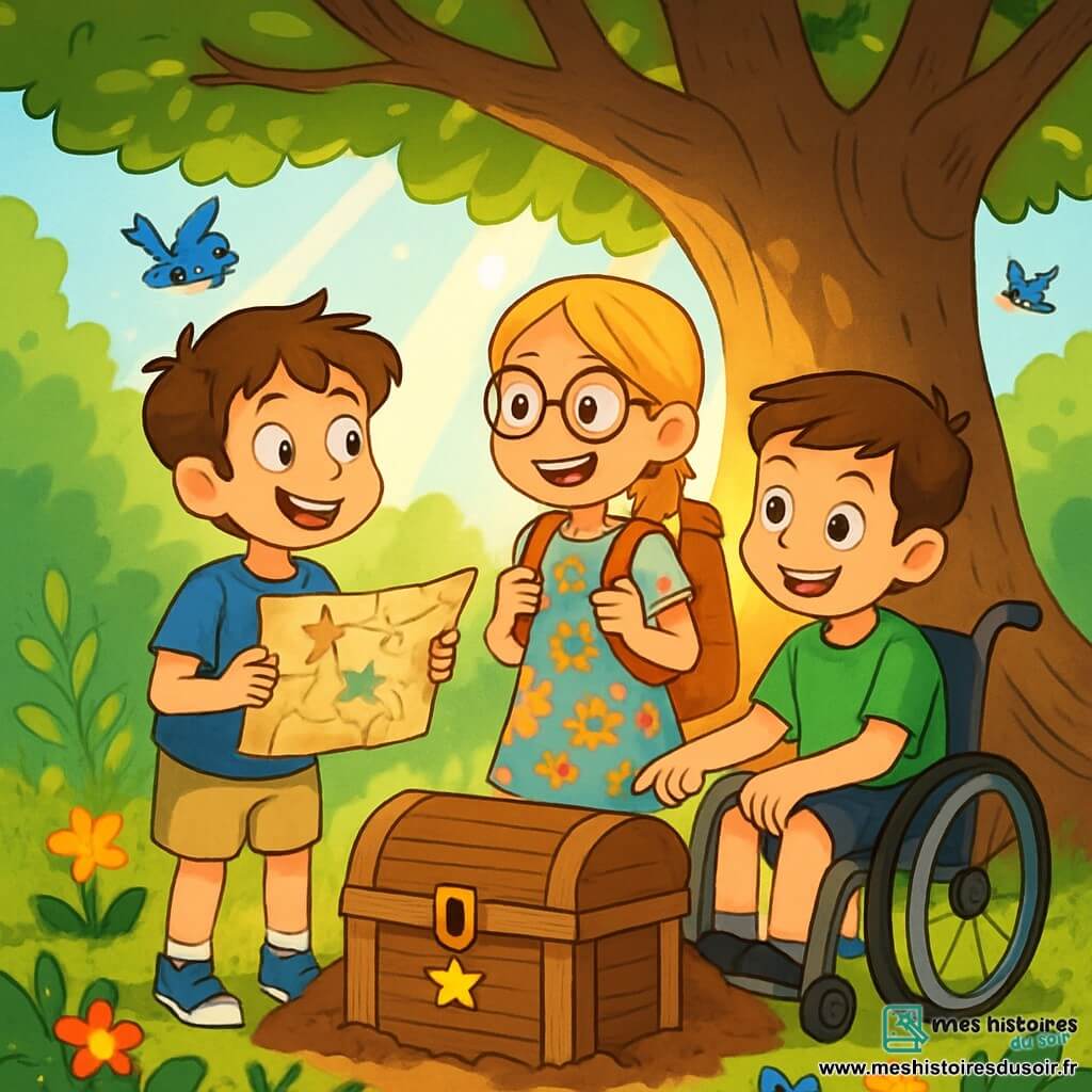 Trois personnages sont présents : Léo, un garçon de 10 ans aux cheveux châtains en bataille et aux yeux curieux, portant un t-shirt bleu et un short beige, tenant une carte au trésor. Emma, une fille de 9 ans avec de longs cheveux blonds tressés et des lunettes rondes, vêtue d'une robe à fleurs et portant un sac à dos lourd, sourit joyeusement. Tom, un garçon de 10 ans en fauteuil roulant avec des cheveux bruns et un sourire malicieux, porte un t-shirt vert et un short noir, et examine la carte. Ils se tiennent devant un vieux chêne majestueux, à l'ombre douce, tandis que des rayons de soleil illuminent leurs visages et la carte. Ils explorent la forêt luxuriante et découvrent un coffre en bois ancien caché sous les racines de l'arbre, leurs yeux brillants d'excitation.
