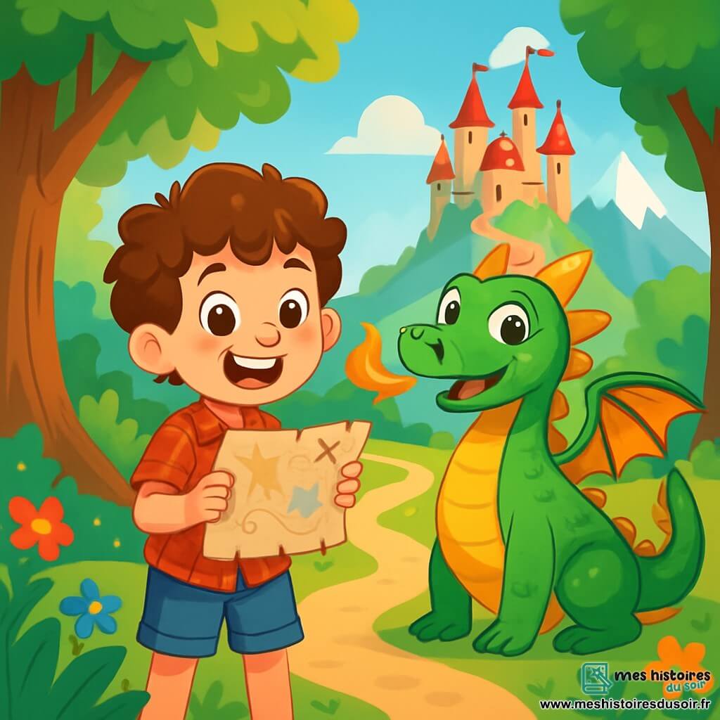 Un garçon de 8 ans, Théo, aux cheveux châtains et bouclés, porte une chemise à carreaux rouges et un short en denim. Il sourit avec excitation en tenant une carte au trésor. À ses côtés, un dragon cracheur de feu, aux écailles vertes et dorées, se tient fier et protecteur. Le décor est une forêt enchantée avec des arbres majestueux, des feuilles vertes et des fleurs colorées. Des rayons de soleil créent des ombres dansantes. Théo se tient devant un chemin menant à un château majestueux sur une montagne enneigée, prêt à partir à l'aventure. L'atmosphère est magique et excitante.