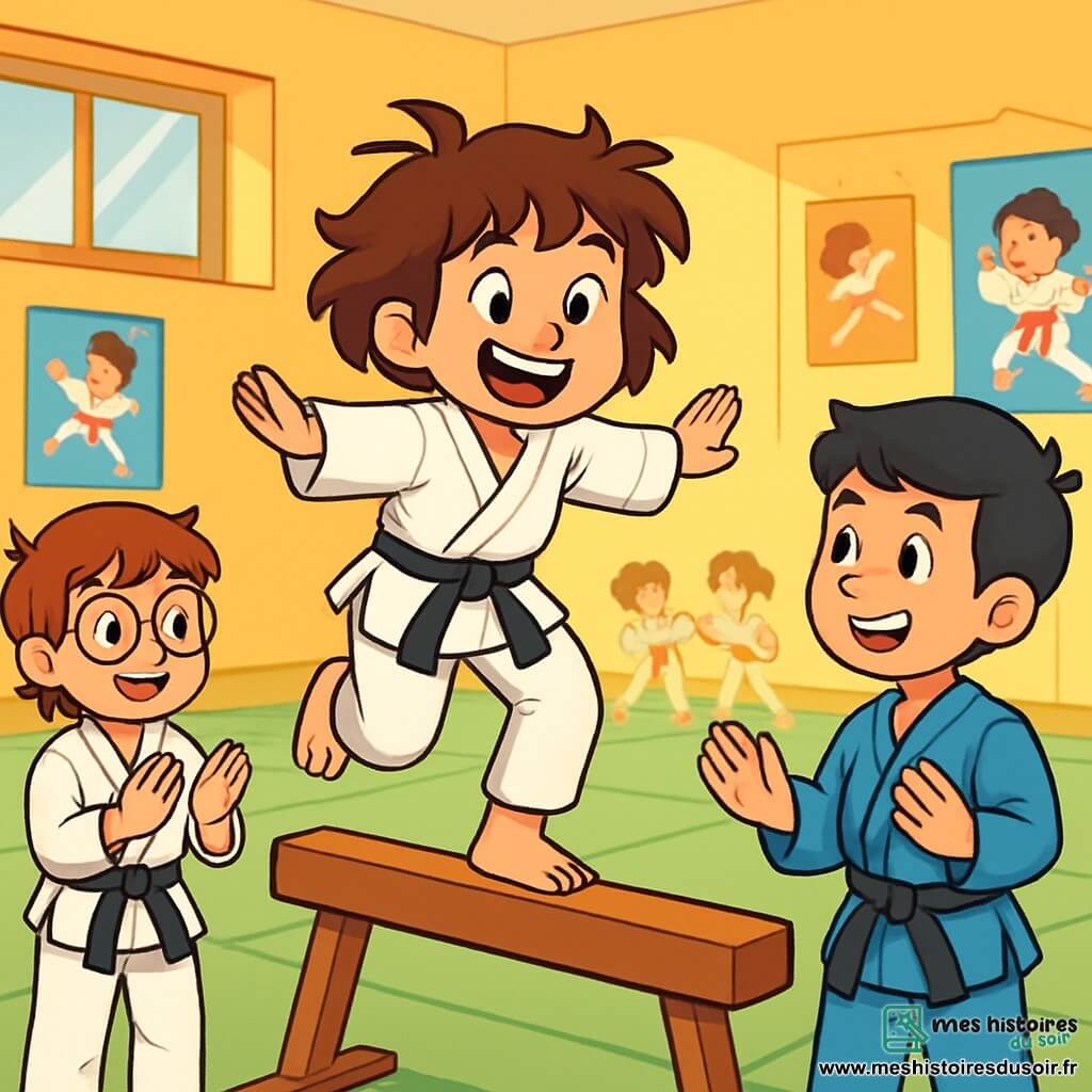 Quatre enfants sont présents : Léa, une fille de 10 ans aux cheveux bruns en bataille, porte un kimono blanc trop grand et saute avec un grand sourire. Max, un garçon de 10 ans avec des lunettes rondes et des cheveux châtains, admire Léa tout en portant un kimono qui lui va mieux. Sara, également âgée de 10 ans, a des cheveux blonds tressés et un kimono ajusté, elle se tient à côté de Max avec un bâton de karaté, concentrée. Tom, un garçon de 10 ans aux cheveux noirs et en kimono bleu, se tient en face de Léa, souriant et prêt à l'encourager. La scène se déroule dans un gymnase lumineux aux murs jaunes et tatamis verts, avec des affiches de karaté et d'autres enfants s'entraînant en arrière-plan. Léa, sur une poutre d'équilibre, est concentrée pour ne pas tomber, tandis que Tom l'encourage et que Max et Sara l'applaudissent, créant une ambiance amicale et solidaire.