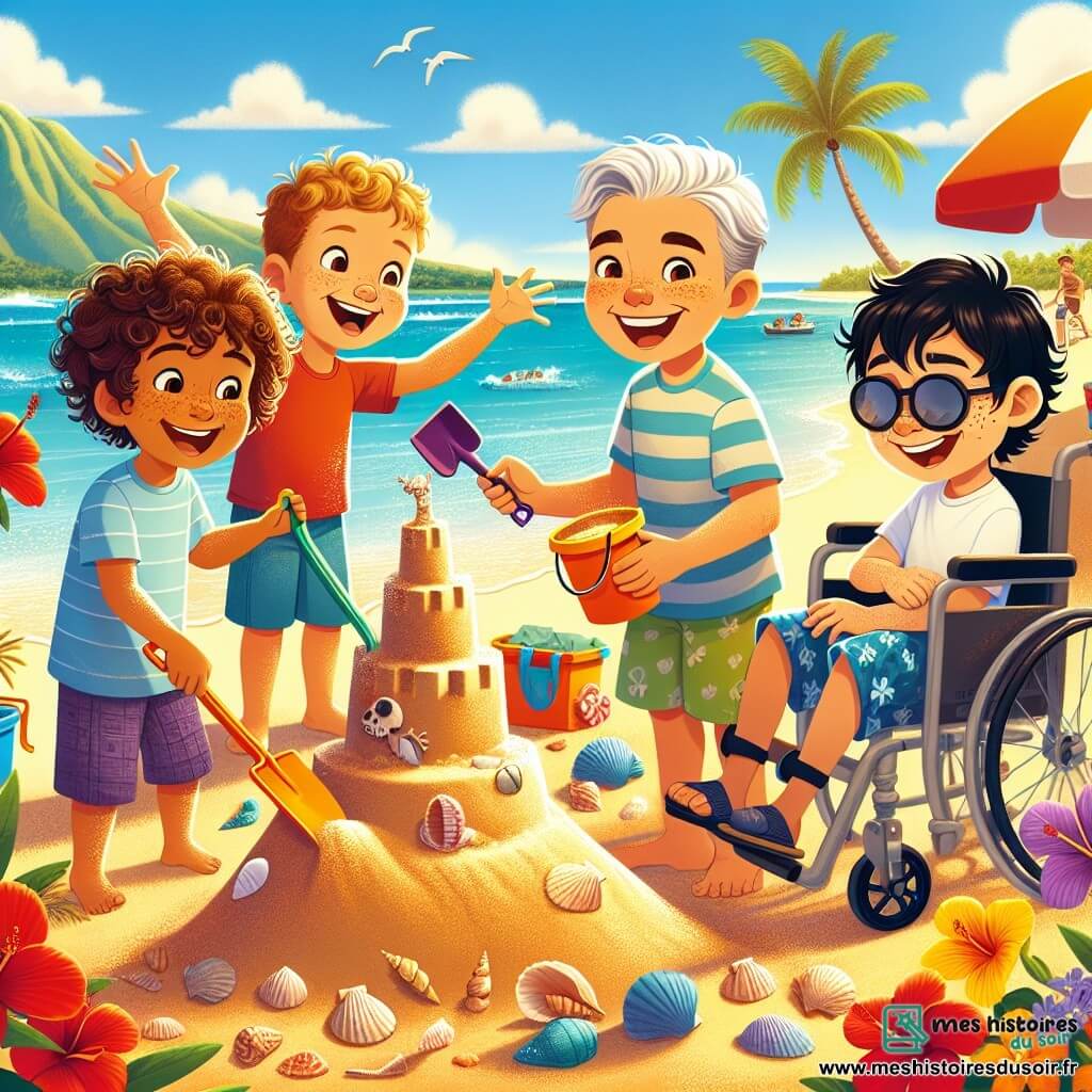 Dans un coin de la plage ensoleillée d'Hawaï, quatre garçons de sept ans sont réunis. Lucas, aux cheveux bouclés, creuse dans le sable avec une pelle colorée. Max, en lunettes de soleil, lève les bras en criant de joie. Tom, aux cheveux bruns et taches de rousseur, façonne une tour de sable avec des coquillages. Enzo, en fauteuil roulant, sourit en tenant un seau de sable. La scène se déroule sur une plage de sable doré, avec une eau turquoise et des palmiers. Les amis construisent un château de sable quand un homme local, Kekoa, leur propose de protéger la plage des déchets. L'excitation est palpable, prêts à relever ce défi ensemble.