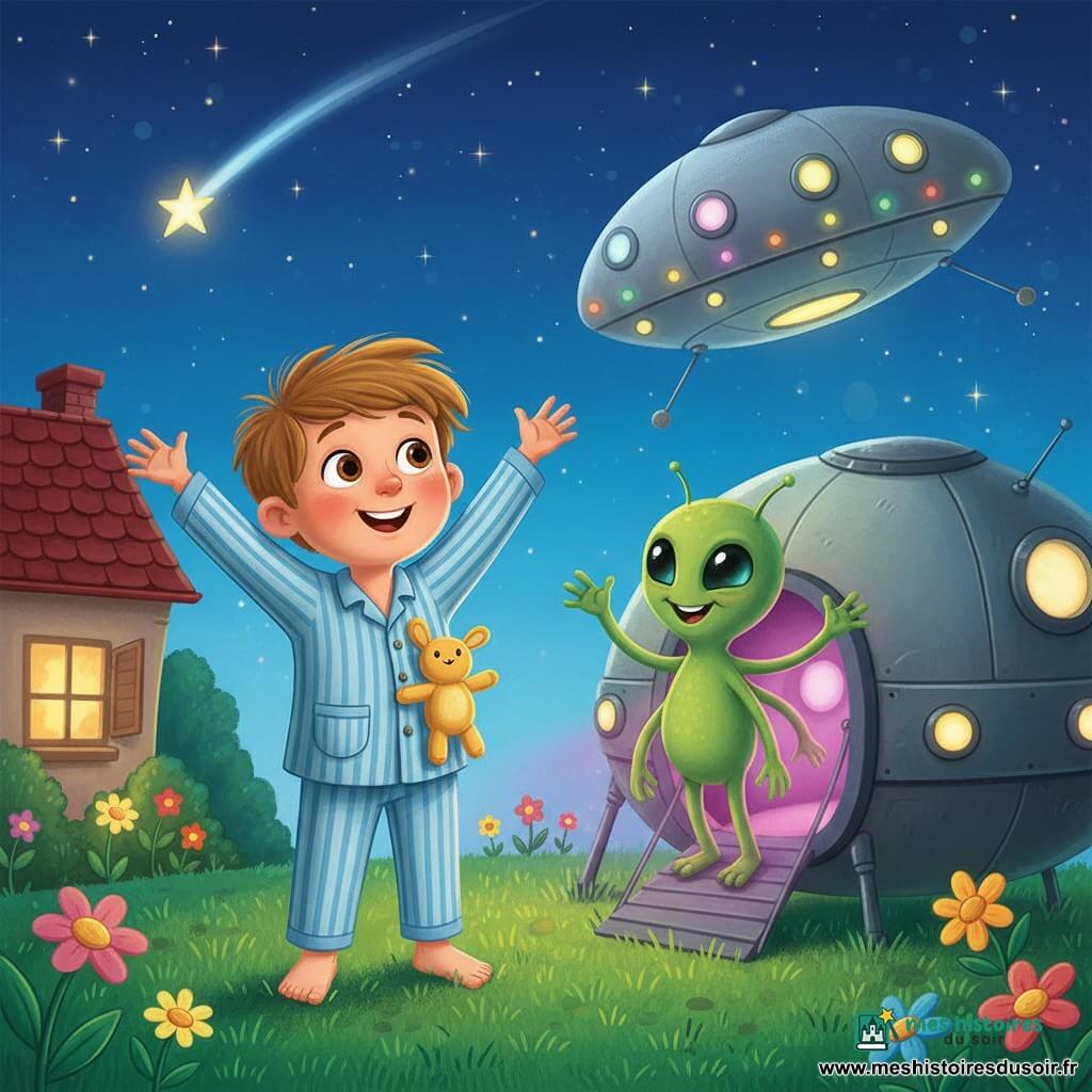 Garçon de 6 ans, visage rond, cheveux châtain clair en bataille, grands yeux brillants et sourire émerveillé, pieds nus sur la pelouse, main levée, en pyjama rayé bleu et blanc avec poche et tenant un petit doudou jaune ; un extraterrestre nommé Zog, silhouette verte douce à quatre bras fins, grands yeux noirs et large sourire amical, se tient sur la rampe d'un vaisseau rond scintillant légèrement à droite du garçon en agitant un bras ; en arrière-plan, vaisseau ovoïde argenté aux fenêtres rondes illuminées, lumières clignotantes et porte ouverte diffusant une lueur rose-violacée ; jardin de nuit avec maison au toit rouge à gauche, herbe verte, quelques fleurs lumineuses et ciel étoilé traversé par une grande étoile filante — scène de première rencontre magique, ambiance chaleureuse et paisible, couleurs vives, formes simples et rondes adaptées aux enfants.
