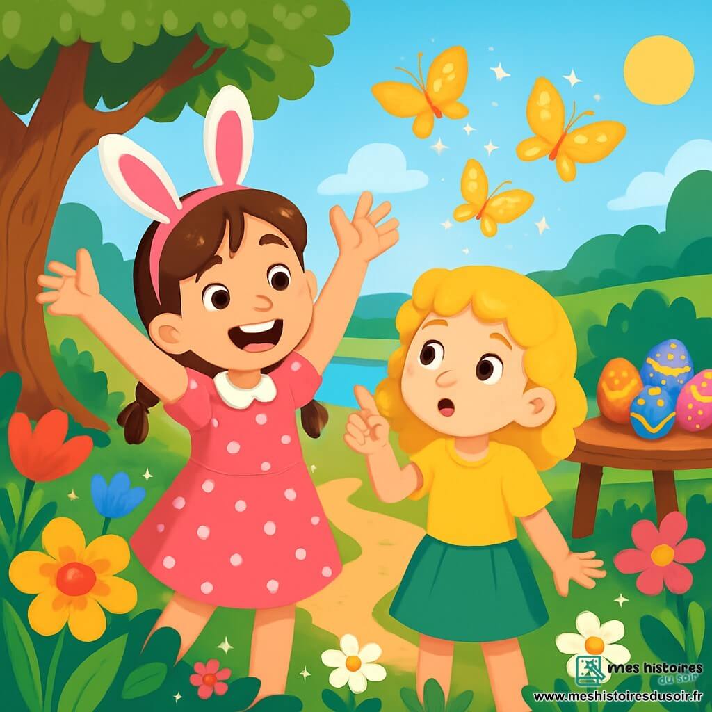 Deux personnages principaux : Zoé, une fille de 8 ans avec des cheveux bruns en tresses, portant une robe rose à pois blancs et des oreilles de lapin en plastique, est debout, les bras levés, souriante et prête pour l'aventure. Lila, également âgée de 8 ans, a des cheveux blonds bouclés, porte un t-shirt jaune et une jupe verte, et regarde avec émerveillement les papillons dorés qui volent autour d'elles. Elles se trouvent dans un jardin enchanté avec des fleurs colorées, de grands arbres et une table ornée d'œufs en chocolat. Elles suivent des papillons dorés qui les mènent vers une aventure magique à la recherche de leurs paniers disparus, créant une atmosphère féerique.