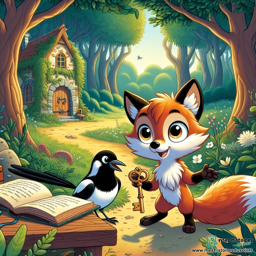 Un jeune renard nommé Fripon, aux yeux pétillants et à la fourrure rousse, se tient dans une clairière, tenant une clé ancienne. Son expression montre excitation et curiosité, tandis qu'il sourit, prêt à explorer la forêt. À ses côtés, une pie nommée Plume, avec son plumage noir et blanc, est perchée sur une branche, l'invitant à consulter un vieux livre ouvert sur une table en bois. La scène se déroule dans une clairière ensoleillée, entourée d'arbres majestueux, avec une maison ancienne couverte de lierre et de fleurs, créant une atmosphère mystérieuse. Fripon et Plume découvrent la clé qui pourrait ouvrir la maison oubliée, marquant le début de leur aventure dans la forêt enchantée.