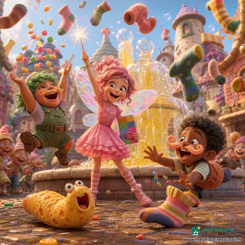 Fifi la fée, joyeuse et malicieuse, en robe rose à volants avec petites ailes irisées, tient une baguette scintillante et un carnet multicolore près d’une fontaine; Lulubulle, petit chef-lutin aux cheveux verts, saute en attrapant des bonbons à gauche; Zibou, petit lutin espiègle, trébuche en riant sur une chaussette géante à droite; un fromage-limace chantant, long et dodu, roule près du bord de la fontaine qui jaillit de la limonade pétillante et de geysers de bulles, tandis que des chaussettes colorées tombent du ciel et que maisons pastel et pavés brillants forment la place du village, l’ensemble créant une fête chaotique, chaleureuse et burlesque aux couleurs vives et textures détaillées.