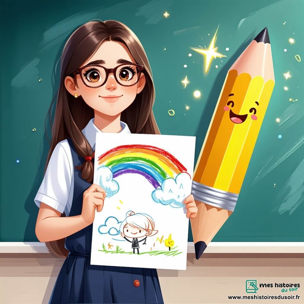 Clara, une fillette de douze ans aux longs cheveux bruns et lunettes rondes, se tient devant sa classe avec un dessin coloré d'arc-en-ciel. Bien qu'elle paraisse nerveuse, elle est déterminée, ses joues légèrement rosies par l'émotion. À côté d'elle, Léo, un crayon jaune vif avec un grand sourire, flotte dans les airs pour l'encourager. La scène se déroule dans une salle de classe lumineuse, décorée de dessins d'enfants, avec des fenêtres laissant entrer la lumière et des pupitres en bois bien rangés. Clara se prépare à partager son dessin, hésitant à être honnête sur son travail, tandis que ses camarades l'écoutent avec curiosité, créant une atmosphère de soutien.