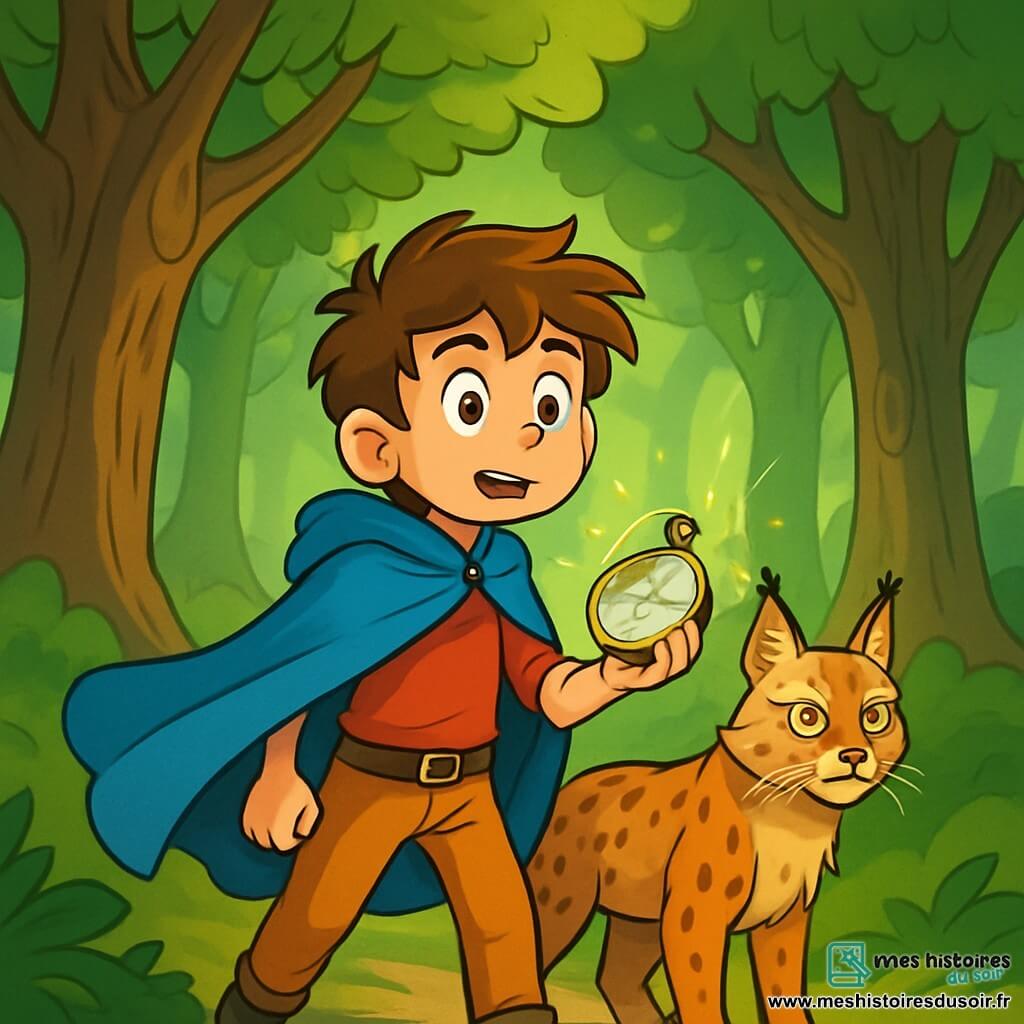 Un jeune garçon nommé Ilian, âgé d'environ 10 ans, se tient au bord d'une forêt mystérieuse. Il a des cheveux bruns en désordre, des yeux pétillants de curiosité et porte une cape bleue. Son visage exprime l'excitation et l'appréhension, tandis qu'il consulte une boussole magique. À ses côtés, son compagnon Lume, un lynx aux yeux d'or, est alerte, prêt à détecter le danger. La forêt des Murmures, avec ses arbres gigantesques et des feuilles vertes, crée une atmosphère enchantée. Ilian se prépare à entrer dans la forêt, déterminé à découvrir le Cœur du Monde Caché, tandis que Lume le regarde avec intensité. Il fait un pas en avant, prêt à affronter les mystères.