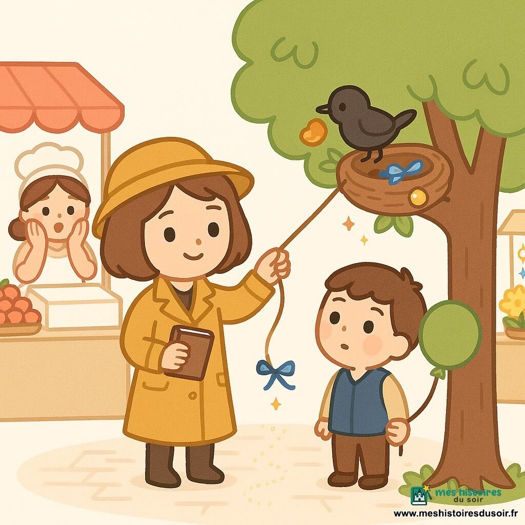 Élise, détective calme au sourire concentré, cheveux courts châtain, manteau jaune moutarde et carnet en main, tend une ficelle marron vers un nid dans un arbre pour récupérer un ruban bleu ; Nino, garçon d’environ 6 ans aux joues roses en gilet bleu marine, tient un ballon vert à droite près d’Élise ; Madame Lenoir, pâtissière d’environ 40 ans en tablier blanc taché de farine, mains sur les joues derrière une grande boîte à pâtisserie à gauche ; un petit oiseau noir au ventre brillant, tenant une miette de brioche, garde des objets brillants autour du nid (bouton doré, plume bleue) ; marché de jour sur allée pavée avec étals colorés (fruits rouges, fleurs jaunes, bijoux scintillants), arbre feuillu avec trace de poussière dorée menant au nid ; scène lumineuse aux couleurs pastel, moment doux et suspendu centré sur l’arbre, le nid et les trois personnages.