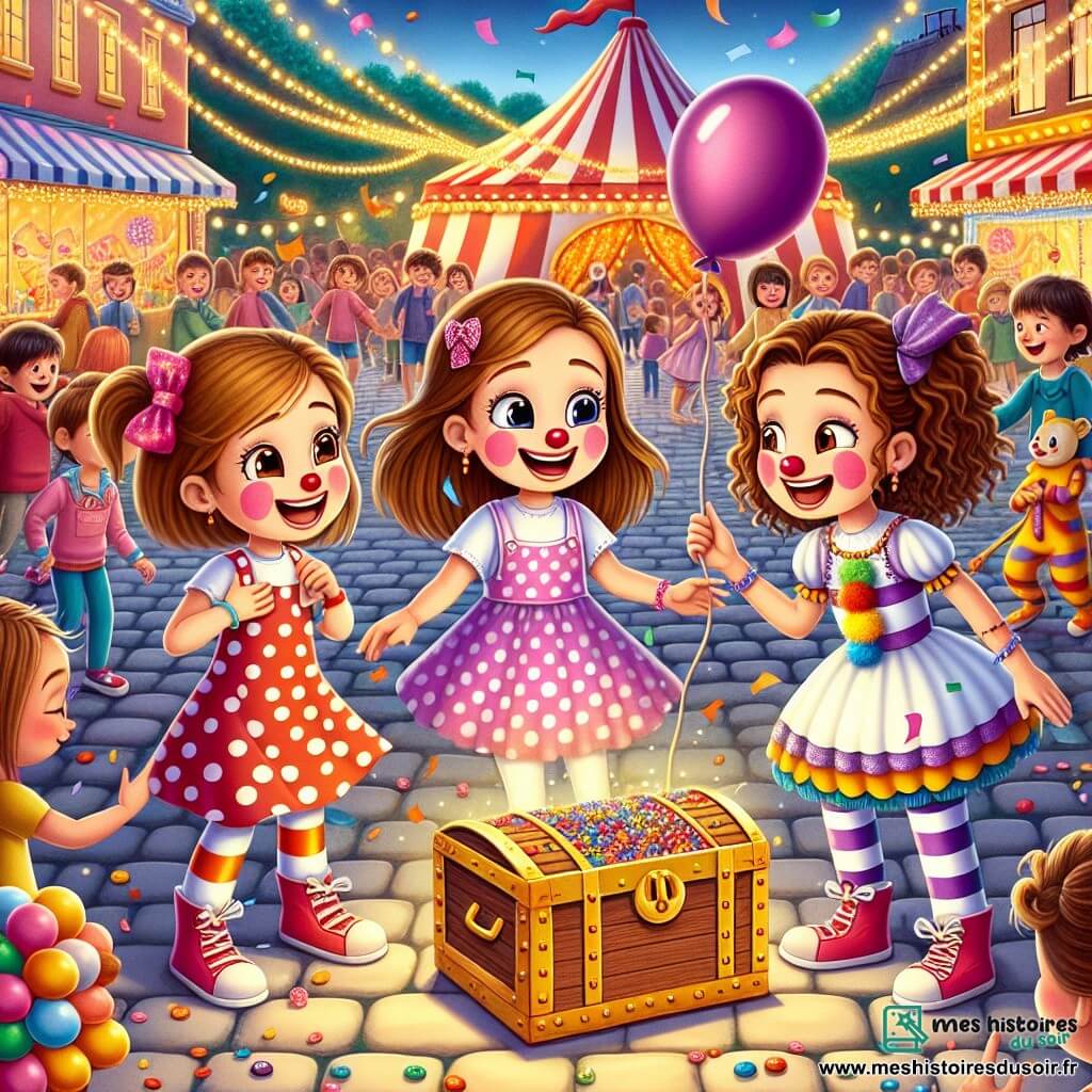 Lila, une fille de 8 ans avec de longs cheveux bruns et une robe rose à pois, sourit en tenant un ballon coloré. À sa droite, Clara, 7 ans aux cheveux blonds en tresses, porte un costume de clown et rit joyeusement. À gauche, Mia, 9 ans avec des cheveux bouclés et une robe violette, pointe vers un grand coffre en bois décoré. Le décor est un carnaval vibrant avec des rues pavées, des stands colorés, des guirlandes de lumières et des confettis. Les trois filles découvrent un coffre rempli de bonbons, leurs visages illuminés par la joie dans une atmosphère festive.