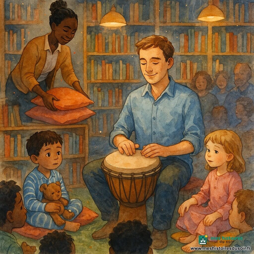 Léo, jeune adulte au sourire serein, assis droit, joue d'un djembé à peau beige, mains posées doucement, cheveux châtain courts, chemise bleu clair froissée et yeux concentrés; Nora, bibliothécaire d'une trentaine d'années, cheveux en chignon, range des coussins colorés derrière lui à gauche; un garçon d'environ 5 ans en pyjama rayé bleu tient un doudou brun au premier rang, une fille d'environ 4 ans en chemise de nuit rose tapote son genou à droite; plusieurs enfants de 4 à 7 ans en pyjamas sont assis en cercle sur des coussins, quelques parents flous derrière; petite bibliothèque chaleureuse avec étagères en bois clair, livres colorés, tapis vert moelleux et lampes dorées diffusant une lumière douce; Léo joue une mélodie calme au djembé, les enfants écoutent et tapotent en rythme, ambiance nocturne douce et apaisante, gestes délicats et mouvements légers (mains, coussins, pages).