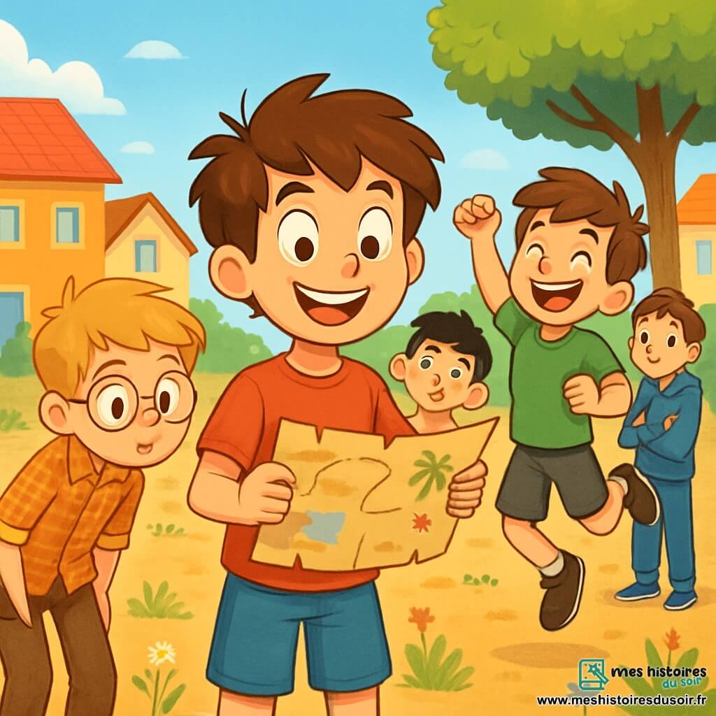 Cinq personnages sont présents : Lucas, un garçon de 12 ans avec des cheveux bruns en bataille et un sourire, tenant une carte au trésor au centre de l'image ; Max, également 12 ans, avec des lunettes de travers et des cheveux blonds, examinant la carte à gauche de Lucas ; Quentin, avec des cheveux châtains, faisant une pirouette joyeuse à droite de Lucas ; Théo, avec des cheveux bruns et un sourire chaleureux, se tenant en arrière, bras croisés ; et Hugo, avec des cheveux noirs, faisant une grimace comique derrière Lucas. L'action se déroule sur un terrain vague ensoleillé, entouré de maisons colorées, avec des fleurs sauvages et un grand arbre en arrière-plan. Les amis découvrent une vieille carte au trésor, impatients de partir à l'aventure pour trouver le trésor des ballons perdus.