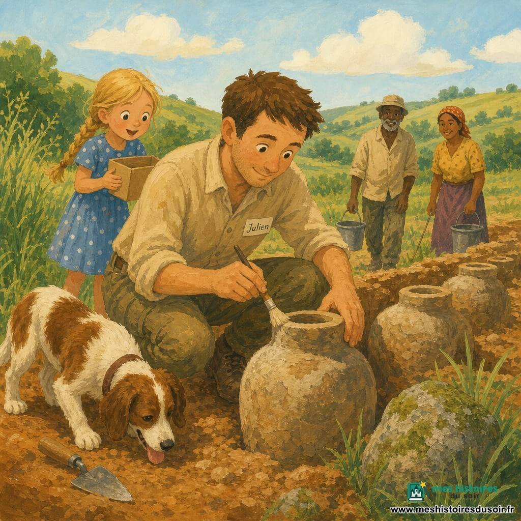 Julien, archéologue accroupi, chemise beige et pantalon kaki, brosse délicatement une jarre en pierre tandis que Max, chien brun et blanc, est assis à côté en reniflant près d'une truelle; une fillette d'environ 7 ans, tresse blonde et robe bleue à pois, tient une petite boîte et regarde émerveillée; à l'arrière, deux villageois flous portent des seaux; le chantier est un champ de collines ensoleillées au sol argileux ocre avec rangées de jarres, herbes hautes et pierres moussues sous un ciel bleu pâle; ambiance de curiosité et douceur, palette chaude et textures façon gouache.