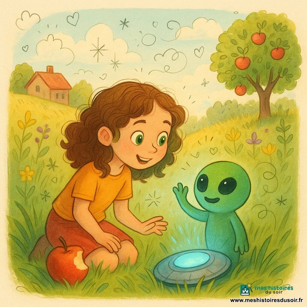 Lila, 8 ans, visage émerveillé, cheveux bouclés châtain, agenouillée dans l'herbe et tendant la main vers un petit disque métallique bleu-cyan à demi enfoui dont la porte ouverte révèle Ziboo, un petit extraterrestre vert au corps rond et regard amical, une pomme rouge à moitié croquée reflétant la lueur bleutée sur une pente herbeuse derrière une maison de campagne parsemée de fleurs sauvages et d'un pommier, lumière du matin douce — moment de découverte magique et curieuse.