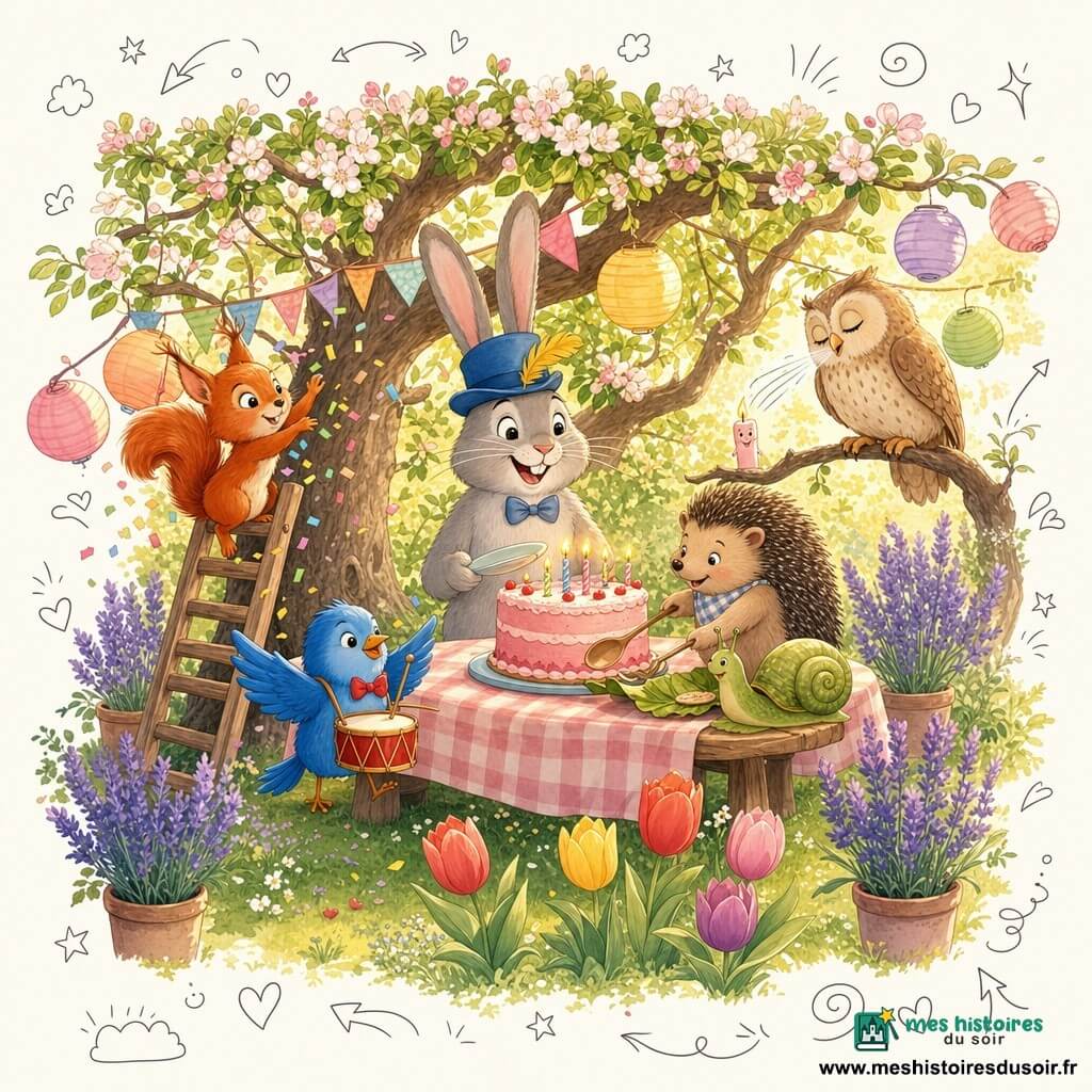 Balthazar, un grand lapin gris au chapeau bleu, sourit derrière une table en bois en tenant une assiette devant un gâteau rose à bougies ; Mimi, une petite écureuille rousse, accroche des guirlandes depuis une échelle en lançant des confettis, Gaston l'oiseau bat la mesure au tambour, la vieille chouette observe depuis un chêne pendant qu'un hérisson coupe le gâteau et un escargot sert de plateau ; le tout se déroule dans un petit jardin sous un pommier fleuri, avec tulipes, lampions et pots de lavande, ambiance chaleureuse de fête d'anniversaire avec décorations doodle (étoiles, cœurs, notes de musique).