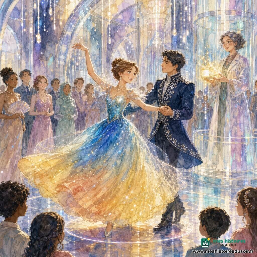 Cendrillon rayonne de confiance, visage souriant, yeux noisette, chignon, robe enchantée changeant de bleu à or, danse au centre en levant une main; le prince d'une vingtaine d'années, veste bleu marine brodée d'argent, cheveux noirs courts, la tient et la regarde avec admiration; la marraine d'une quarantaine d'années, en blouse de scientifique, tient une petite boîte luminescente et observe depuis une grande colonne de verre; autour, invités en tenues modernes pastel applaudissent, quelques enfants au premier plan; décor : grand palais futuriste en verre et métal poli, sols miroirs, arches translucides, guirlandes lumineuses et reflets colorés; scène principale : Cendrillon et le prince tournent doucement sur un cercle lumineux tandis que la robe change de teinte; style aquarelle douce, lavis transparents, textures de papier visibles, éclairage chaud et scintillant.