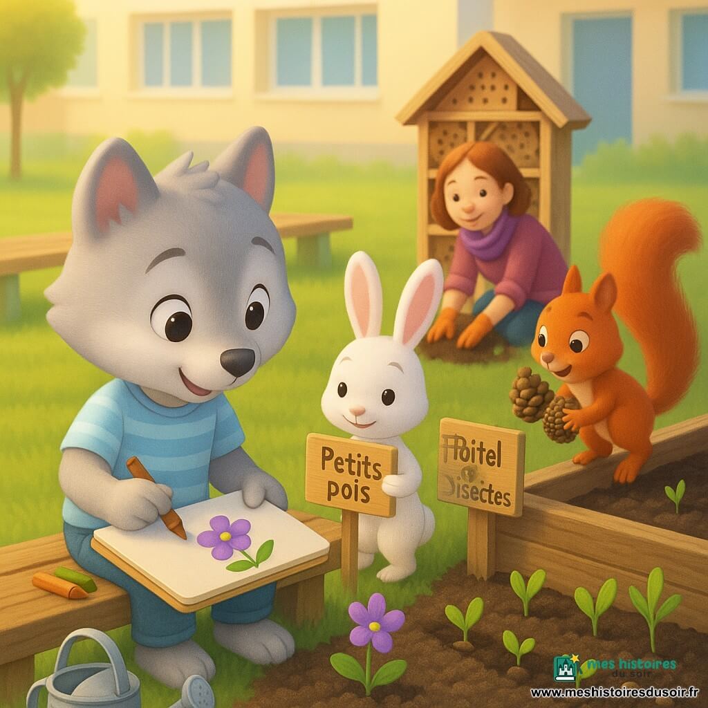 Juste, petit loup anthropomorphe gris clair, joyeux et concentré, yeux noisette, chemise rayée bleu pâle, est assis sur un banc en bois et colore une petite fleur violette dans son carnet; à côté, Louna la lapine blanche aux longues oreilles roses, souriante, tient une étiquette en bois "Petits pois" près d'un rang de graines; à droite, Milo l'écureuil roux, espiègle, tient des pommes de pin sur le bord du carré potager; au fond, Madame Lila, la maîtresse au foulard violet, est agenouillée près d'un hôtel à insectes, les mains dans la terre; le potager d'école lumineux présente des bacs en bois, terre sombre, jeunes pousses, un arrosoir métallique, pelouse courte et bâtiment scolaire en arrière-plan, éclairé d'une douce lumière matinale, tons pastel et textures détaillées.