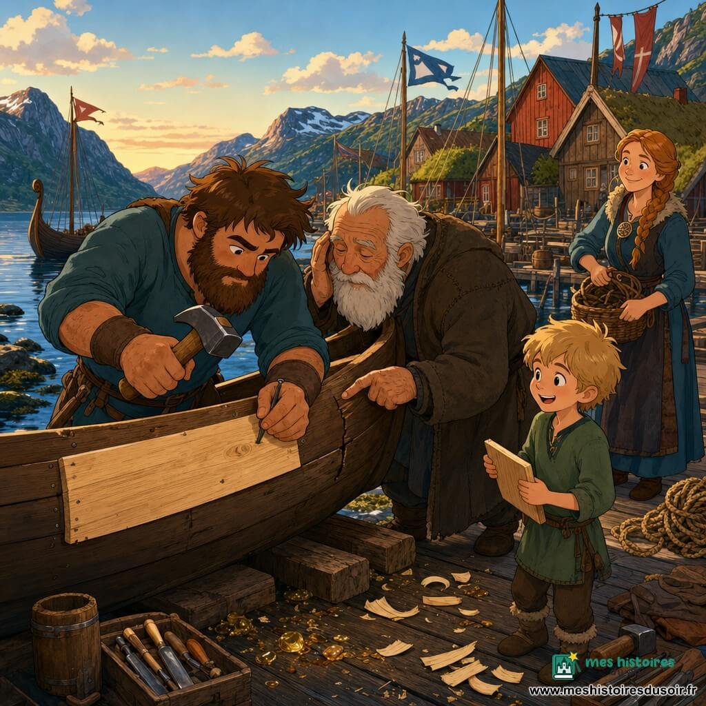 Asbjörn, homme barbu au visage rond et cheveux bruns en bataille, mains calleuses, concentré et humble, cloue une planche claire sur la coque d’une barque; à ses côtés Einar, vieil homme d’environ 70 ans à la barbe blanche et au manteau grossier, montre une fissure en posant l’oreille sur la coque et le guide calmement; sur le quai en bois Leif, garçon d’environ 9 ans aux cheveux blonds, tient une petite planchette et regarde émerveillé; Sigrid, femme d’environ 35 ans aux cheveux tressés et panier à la main, sourit et veille en retrait près d’un tas de cordages; lieu : petit port nordique au bord d’un fjord avec quais huilés, rochers sombres, maisons en bois rouges et brunes et mer bleu-gris; scène : réparation collective d’une barque posée sur des madriers, copeaux et résine, outils alignés, lumière dorée du soir, atmosphère de patience, d’entraide et de calme nordique.