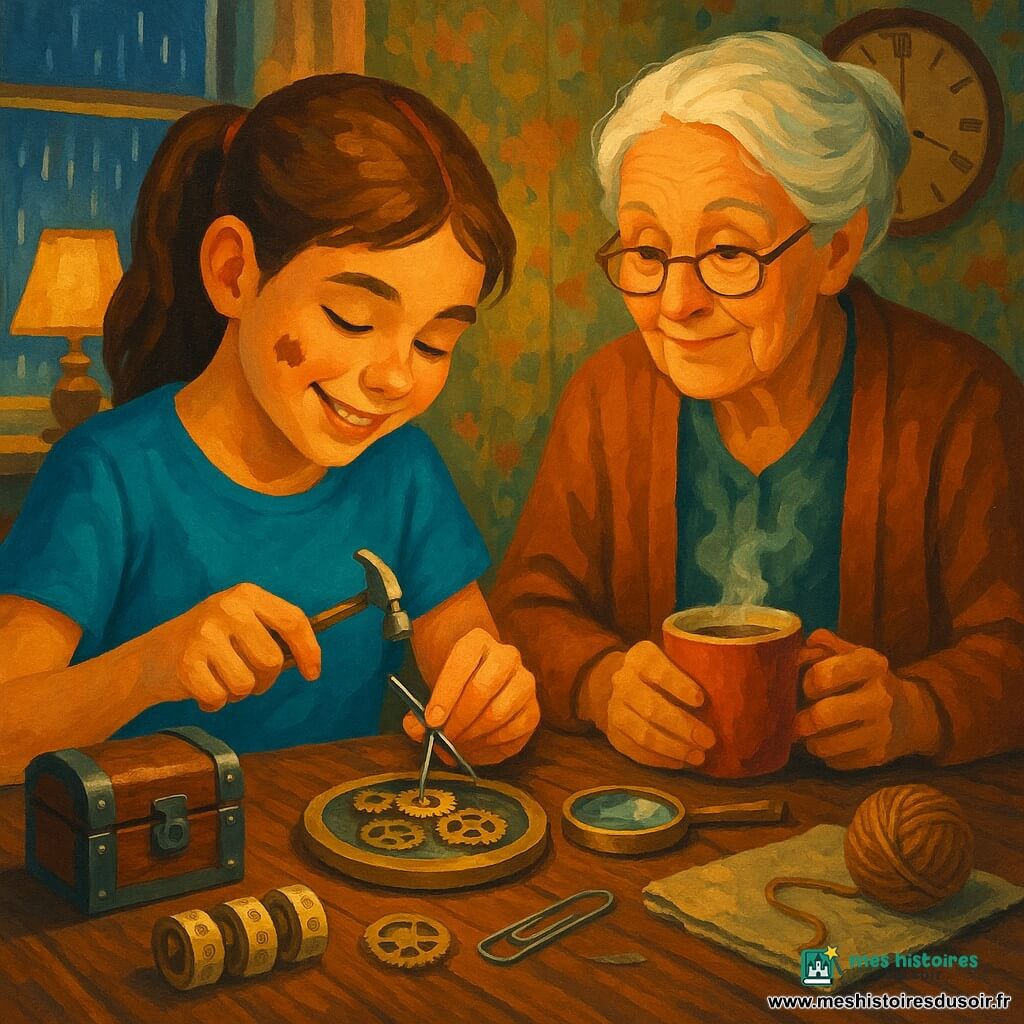 Lila, 12 ans, concentrée et émerveillée, cheveux en queue de cheval et petite tache de chocolat sur la joue, tient une minuscule dent d’engrenage avec des pincettes et la tape délicatement au mini-marteau pendant que Mamie Solange, ~75 ans, cheveux blancs en chignon lâche et lunettes sur le nez, l’observe avec bienveillance en tenant une tasse de chocolat fumant; sur la table un petit coffre en bois, une plaque circulaire d’engrenages sous vitre, une loupe en laiton, pelote de fil, trombone redressé et serviette usée; salon ancien au parquet rayé et papier peint floral effacé, grande horloge murale arrêtée, lampe chaude et pluie contre la fenêtre; gros plan sur les mains réparant l’engrenage, poussière scintillante dans le faisceau, ambiance douce, couleurs chaudes et textures boisées, expression de patience et de complicité.