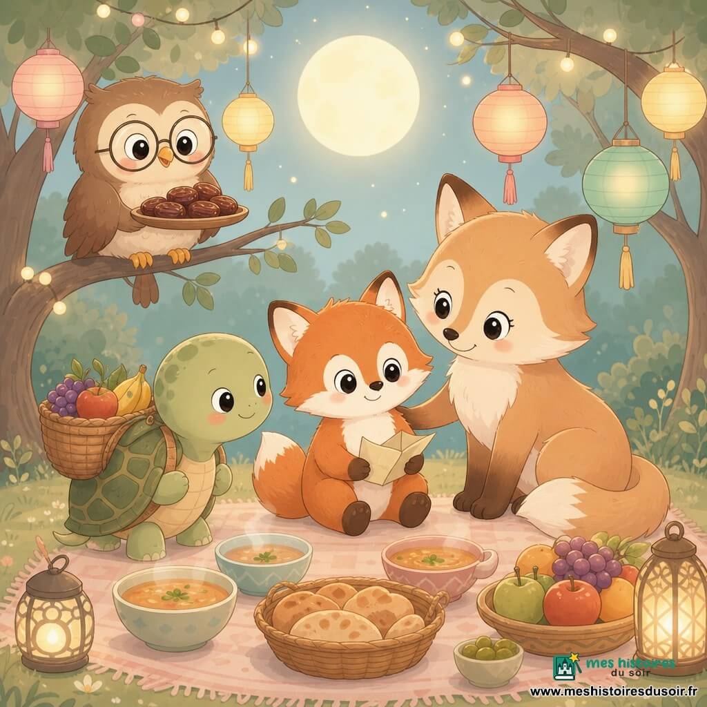 Milo, petit renard roux au pelage duveteux, aux grands yeux brillants et sourire timide, est assis tenant une feuille pliée, fier et un peu nerveux; sa maman, plus grande au pelage crème et roux, lui sourit et pose une patte sur son épaule à droite. Monsieur Hibou, oiseau rond aux plumes brunes et lunettes, est perché sur une branche au-dessus avec un petit plateau de dattes; Sami la tortue à la carapace verte porte un panier de fruits en avant-plan à gauche. Dans une clairière éclairée par une grande lune, des lampes et des lanternes en papier, les animaux entourés d'herbes, fleurs et troncs arrondis partagent un banquet sur une grande nappe — bols de soupe, pains et fruits — tandis qu'ils écoutent Milo lire son poème dans une ambiance douce, chaleureuse et conviviale.