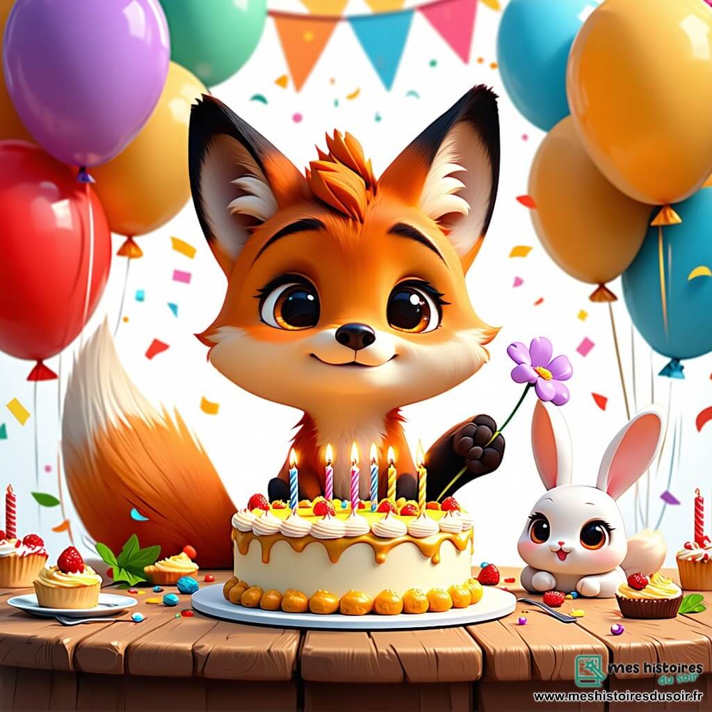 Un petit renard roux, Renardo, sourit émerveillé, entouré de ses amis. Il est assis devant une grande table en bois décorée de ballons colorés et d’un gâteau rond avec cinq bougies allumées. Lila, une lapine aux grandes oreilles, saute de joie avec une petite fleur violette. Gaston, un blaireau, rit en tenant une noisette. La salle de classe est chaleureuse, ornée de dessins colorés et baignée de lumière. Renardo souffle sur les bougies de son gâteau d’anniversaire, entouré de sourires et de rires.