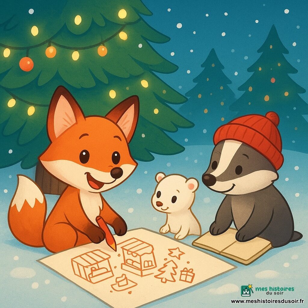Un renard joyeux, au pelage roux éclatant et aux yeux pétillants, dessine avec un crayon rouge sous un grand sapin lumineux. À côté de lui, Hermine la belette, petite et blanche, observe avec admiration, ses yeux brillants de curiosité. Non loin, Blaireau, portant un bonnet rouge, sourit en regardant les dessins, ses pattes posées sur un carnet. Le lieu est une clairière enneigée, parsemée de sapins décorés de guirlandes scintillantes et de boules colorées. La situation principale montre le renard et ses amis créant un marché de Noël imaginaire, avec des stands dessinés, entourés de flocons de neige tombant doucement.