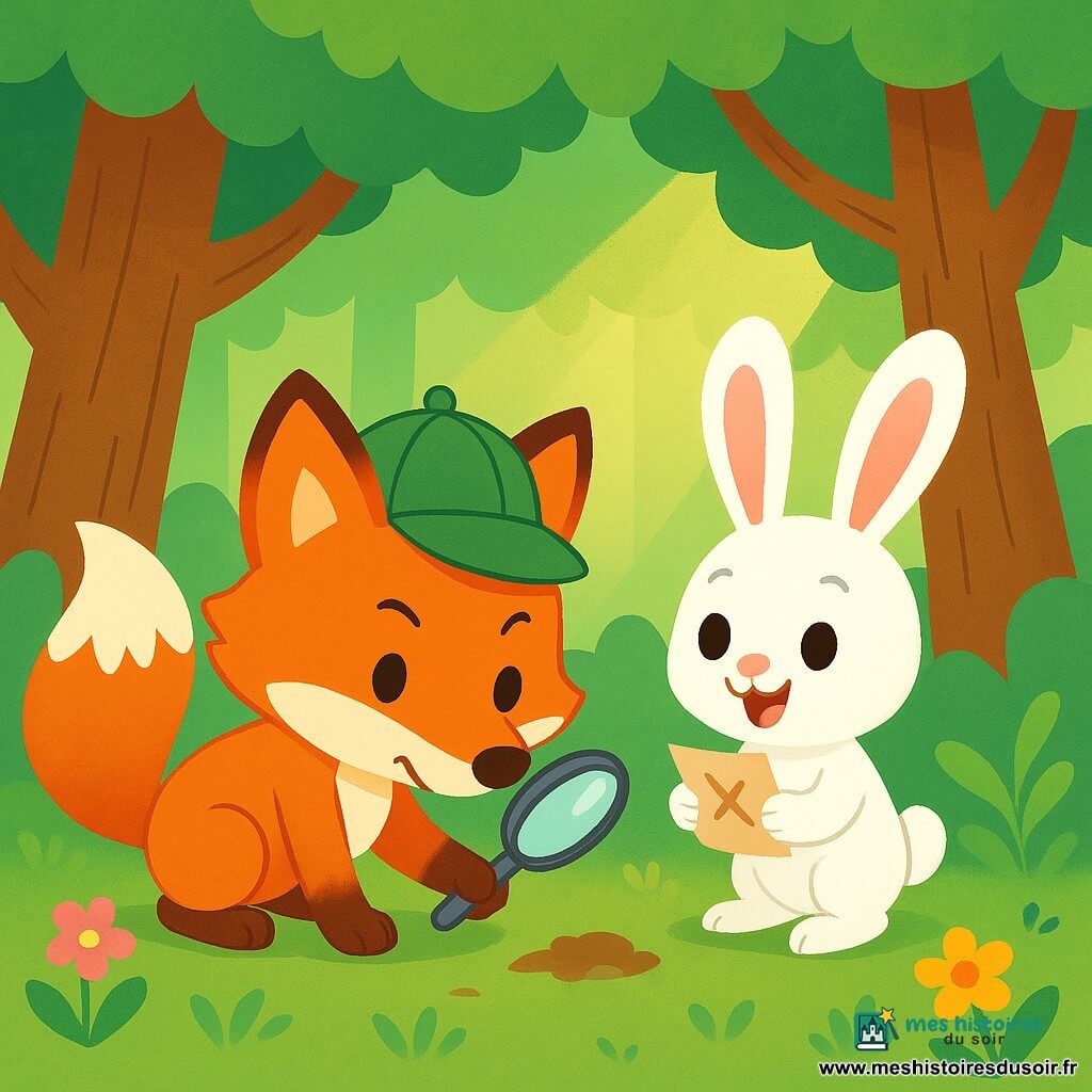 Renardo le renard, avec ses poils roux éclatants et ses yeux malicieux, scrute le sol avec une loupe, déterminé et curieux, portant une casquette de détective verte. À ses côtés, Lila la lapine, aux grandes oreilles et au pelage blanc, le regarde avec excitation, tenant une carte dans ses pattes, prête à l'aider. La scène se déroule dans une forêt enchantée, avec des arbres épais, des feuilles vertes et des fleurs colorées, sous un doux rayon de soleil. Ils cherchent des indices pour retrouver un biscuit disparu, fouillant le sol attentivement, entourés par la beauté de la nature.