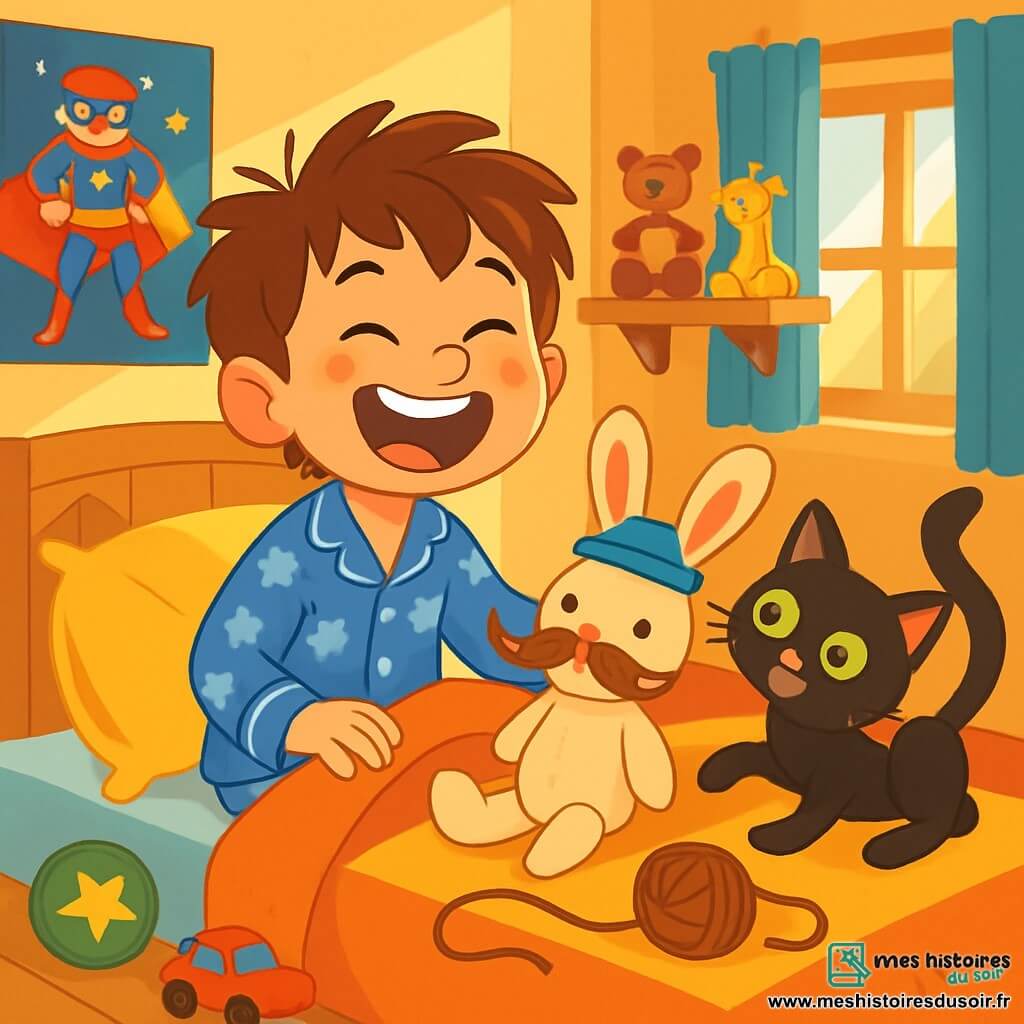 Malo, un garçon de 6 ans aux cheveux bruns en bataille et aux yeux malicieux, est assis sur son lit en riant. Il porte un pyjama bleu à étoiles blanches. À côté de lui, sa petite chatte noire, Croquette, aux yeux verts, s'amuse sur l'oreiller. La chambre est chaleureuse, ornée de posters de super-héros et de jouets. Un rayon de lumière éclaire des peluches colorées. Malo et Croquette préparent un défilé de doudous en ajoutant des moustaches en laine à Lapinou, le doudou de Malo, qui porte un chapeau amusant. L'atmosphère est joyeuse, pleine de rires et de créativité.