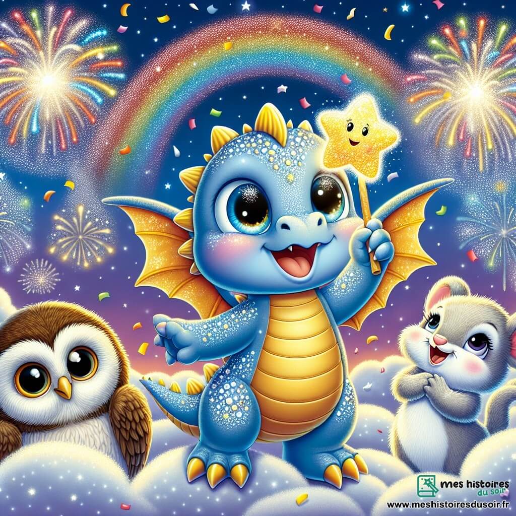 Un petit dragon nommé Flamme, avec des écailles scintillantes et des yeux pétillants, se tient au sommet d'un nuage étoilé, levant une étoile en sucre vers le ciel, souriant d'excitation pour le Nouvel An. À ses côtés, Hooty, un hibou sage aux plumes brunes, l'admire, prêt à s'envoler. Sissi, une petite souris grise, saute de joie entourée de confettis colorés. En arrière-plan, un ciel nocturne est illuminé par des feux d'artifice, créant une ambiance festive et magique, capturant l'excitation du Nouvel An dans le village de nuages.