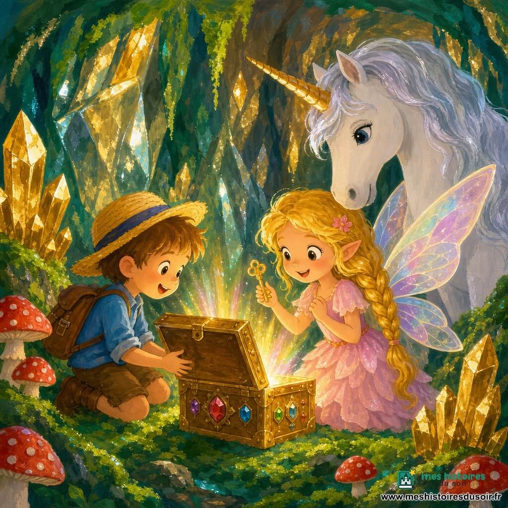 La fée Lila, souriante, ailes iridescentes et longue tresse blonde, en robe rose poudré tient une petite clé pendant qu’elle ouvre un coffre d’or incrusté de pierres précieuses; à gauche, le garçon Léo, 4 ans, chapeau de paille, sac à dos marron et chemise bleue, est agenouillé, étonné et joyeux; à droite, une licorne aux crins argentés veille en arrière-plan; le tout se déroule dans une grotte aux parois luisantes, mousse émeraude, champignons rouges à pois blancs et cristaux dorés diffusant une lumière chaude qui éclaire les visages.