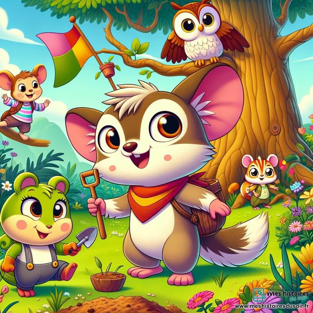 Pipo, un petit Écureuil-volant aux grandes oreilles et à la fourrure douce, est au centre de l'image avec un grand sourire, tenant un petit drapeau coloré du Club des Aventuriers. À ses côtés, Lili, une grenouille verte avec des taches jaunes, saute de joie en tenant une petite pelle en bois. Max, le hibou sage, est perché sur une branche d'un grand chêne, observant avec un sourire bienveillant. Trixie, la souris au costume rayé, plante des graines près de la terre, concentrée. Le jardin vibrant est entouré de fleurs colorées et de légumes en pleine croissance, avec le chêne majestueux en arrière-plan. Les amis travaillent ensemble avec enthousiasme, illustrant la beauté de l'amitié et du travail d'équipe.