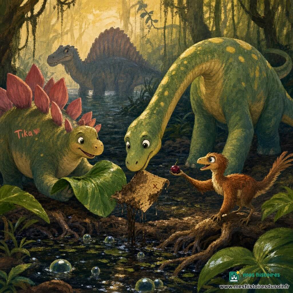 Un jeune diplodocus au long cou et peau verte tachetée de jaune, yeux brillants et expression concentrée, se penche pour récupérer une carte en écorce boueuse pendant que Tika la stégosaure aux plaques rosées, sourire doux, essuie la boue avec une grande feuille, un petit compsognathus brun-roux perché sur une racine tend une baie brillante, et en arrière-plan un spinosaurus massif observe curieusement depuis l'eau noire du marécage bordé de racines noueuses, feuilles luisantes, lianes et brume légère ; scène de coopération et d'espoir rendue en couleurs chaudes et textures épaisses de gouache, coups de pinceau visibles.
