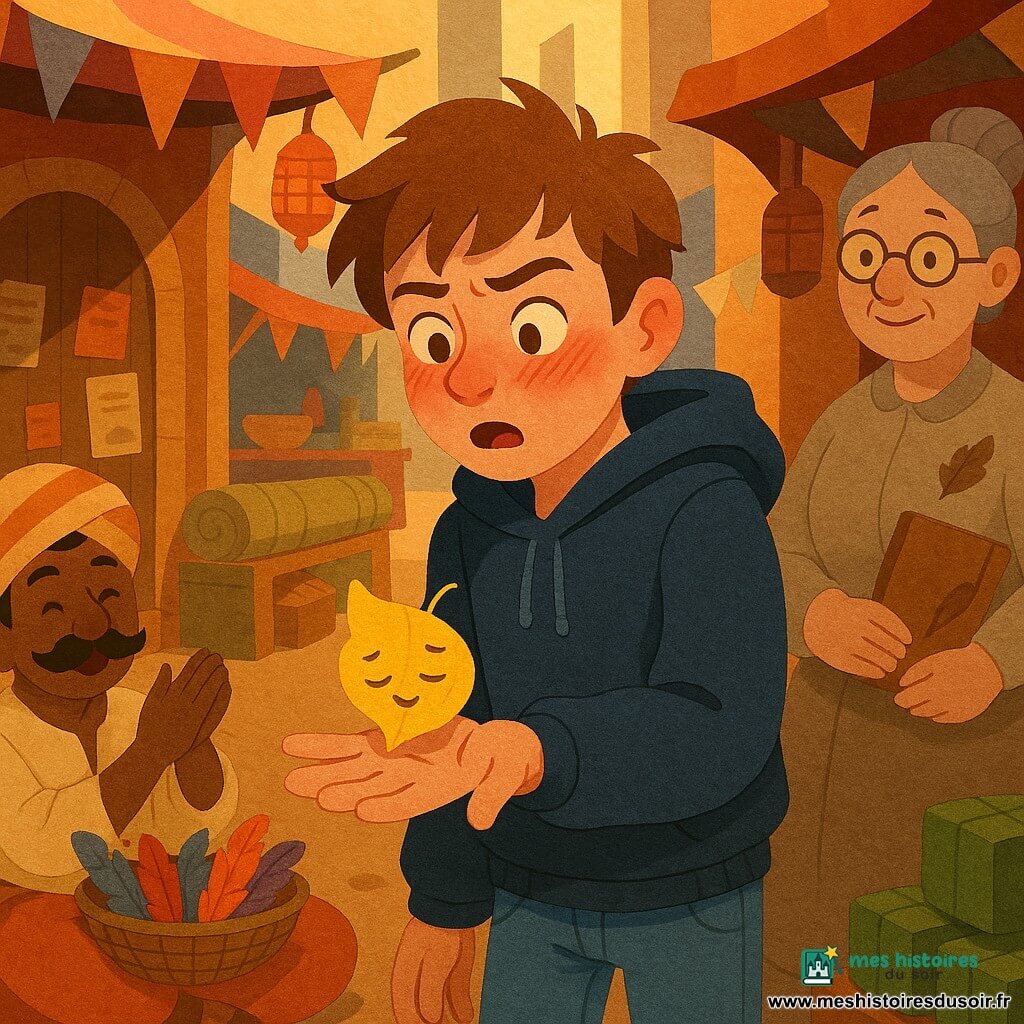 Un garçon de 12 ans, têtu et essoufflé, visage rougi et cheveux châtain en bataille, en jean et veste à capuche, tend la main paume ouverte et regarde, surpris, une petite feuille jaune posée sur sa main ; derrière lui à droite, la Régisseuse des Chutes, lunettes rondes et chignon grisonnant, en robe aux tons neutres avec détails de carnet et plume, l'observe en souriant calmement ; au premier plan gauche, un vendeur petit, moustache en virgule et turban rayé, assis sur un grand coussin, applaudit en tenant un panier de plumes colorées ; la feuille animée, Jaunette 47, au plis évoquant un visage satisfait, tremble délicatement comme une mini créature ; le tout se déroule dans une ruelle de souk exubérante — étals chamarrés, fanions de papier, tapis ondulants, lanternes, pastèques carrées empilées et une grande porte en bois couverte d'affiches — au moment précis où la feuille se pose dans une ambiance lumineuse automnale, textures de papier superposées, ombres douces et contrastes vifs.