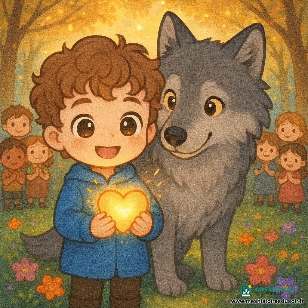 Lucas, garçon de 8 ans souriant et courageux aux cheveux bouclés brun clair et manteau bleu ciel, tient entre ses mains un cœur d'or lumineux qui pulse doucement ; à ses côtés un grand loup gris au pelage doux, regard bienveillant et yeux jaunes chaleureux le protège ; en arrière-plan, des enfants du royaume (6–10 ans) émerveillés observent depuis la lisière d'une clairière enchantée tapissée de mousse avec des fleurs scintillantes rose, violet et orange et des arbres aux feuilles dorées formant un dôme lumineux ; la scène montre Lucas et le loup présentant le cœur au royaume, la lumière dorée illumine les visages dans une ambiance chaleureuse et magique, contrastes doux, couleurs pastel saturées, style chibi kawaii aux traits ronds et contours nets.