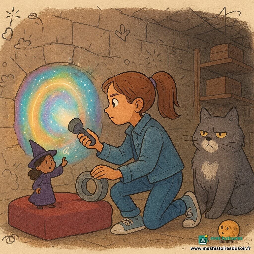 Lila, 12 ans, cheveux châtain clair en queue de cheval, veste en jean usée, jeans et baskets, tient une lampe torche qui éclaire un trou rond brillant dans le mur, appuie un coussin contre la pierre d’une main et tient un rouleau de ruban adhésif de l’autre pendant qu’elle applique du ruban en croix; Brindille, apprentie sorcière minuscule (taille d’une pomme, robe pourpre trop longue et petit chapeau pointu), se tient sur le coussin et trace un cercle de craie lumineuse pour verrouiller le portail; Moustache, grand chat fluffy gris avec une tache blanche, l’air méprisant mais aidant, pose sa patte sur le ruban; Monsieur Tome-Baron, fromage vivant rond comme une balle de tennis à croûte dorée et petits yeux comiques, roule sur le sol de la cave en regard surpris; la cave sombre et poussiéreuse aux murs de pierre, cartons et étagères, petite échelle et toiles d’araignée est baignée d’une lumière chaude qui crée des ombres douces tandis que la fente irise d’un arc‑en‑ciel liquide, des particules étincelantes flottent et des doodles de notes de pop‑corn et bulles de savon dansent autour — style graphique coloré, traits chaleureux, textures papier et crayon, palette chaude contrastant avec les reflets irisés et expressions lisibles et légèrement humoristiques.